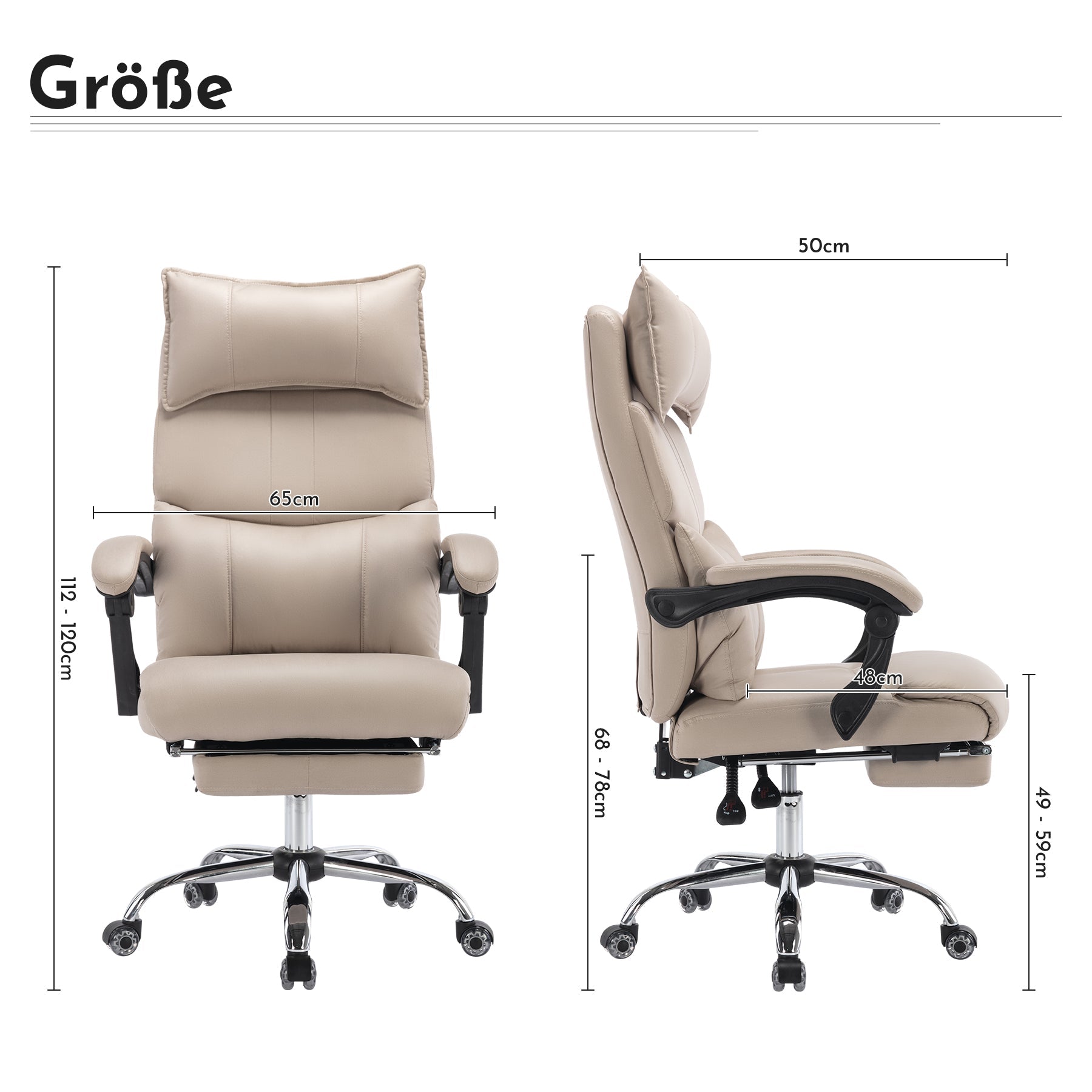 Ergonomic Executive Office Chair - Height Adjustable Swivel Double Lumbar Support - Beige PU Leather