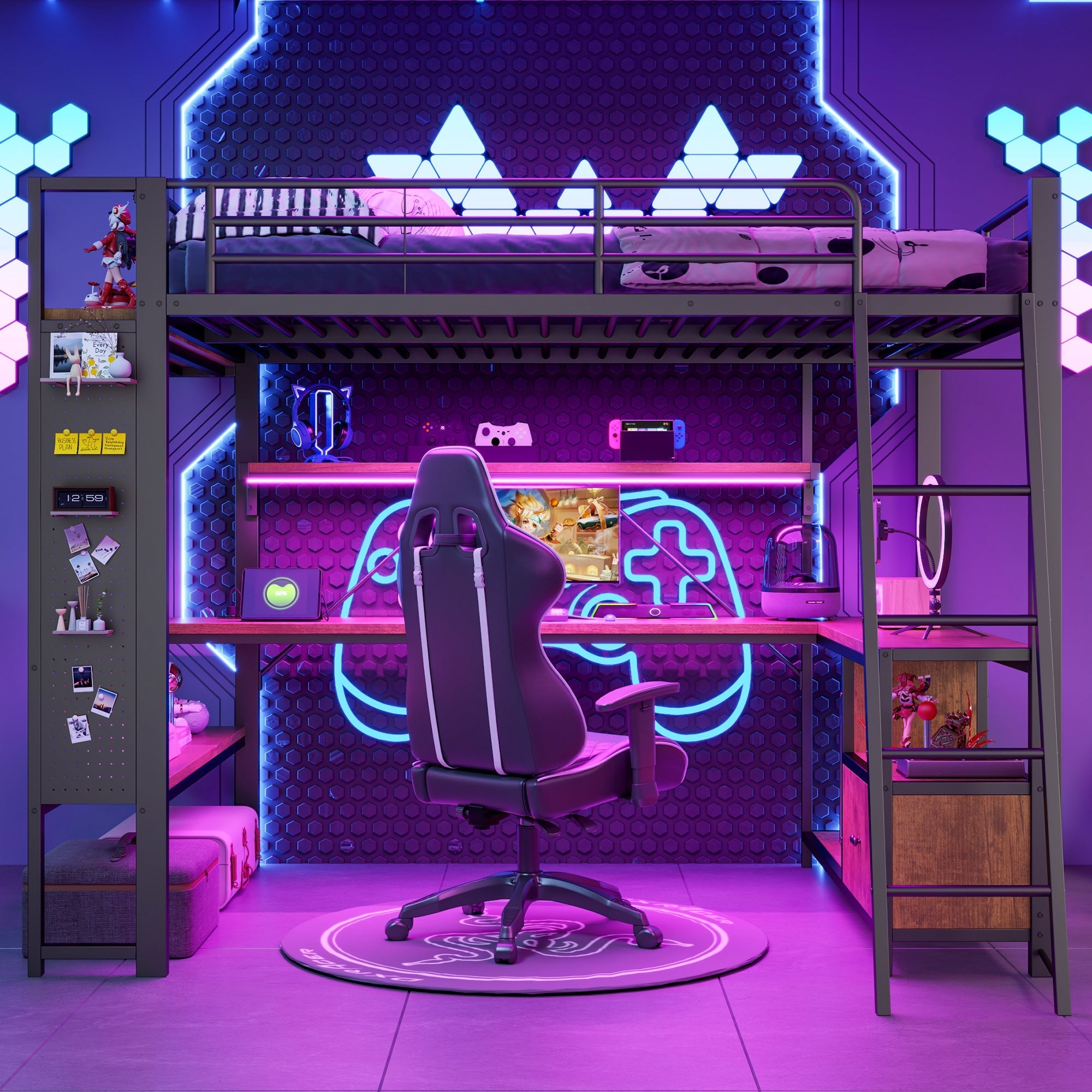 Loft Bed 140x200cm Iron Frame with Desk LED Light Strip USB Port Black