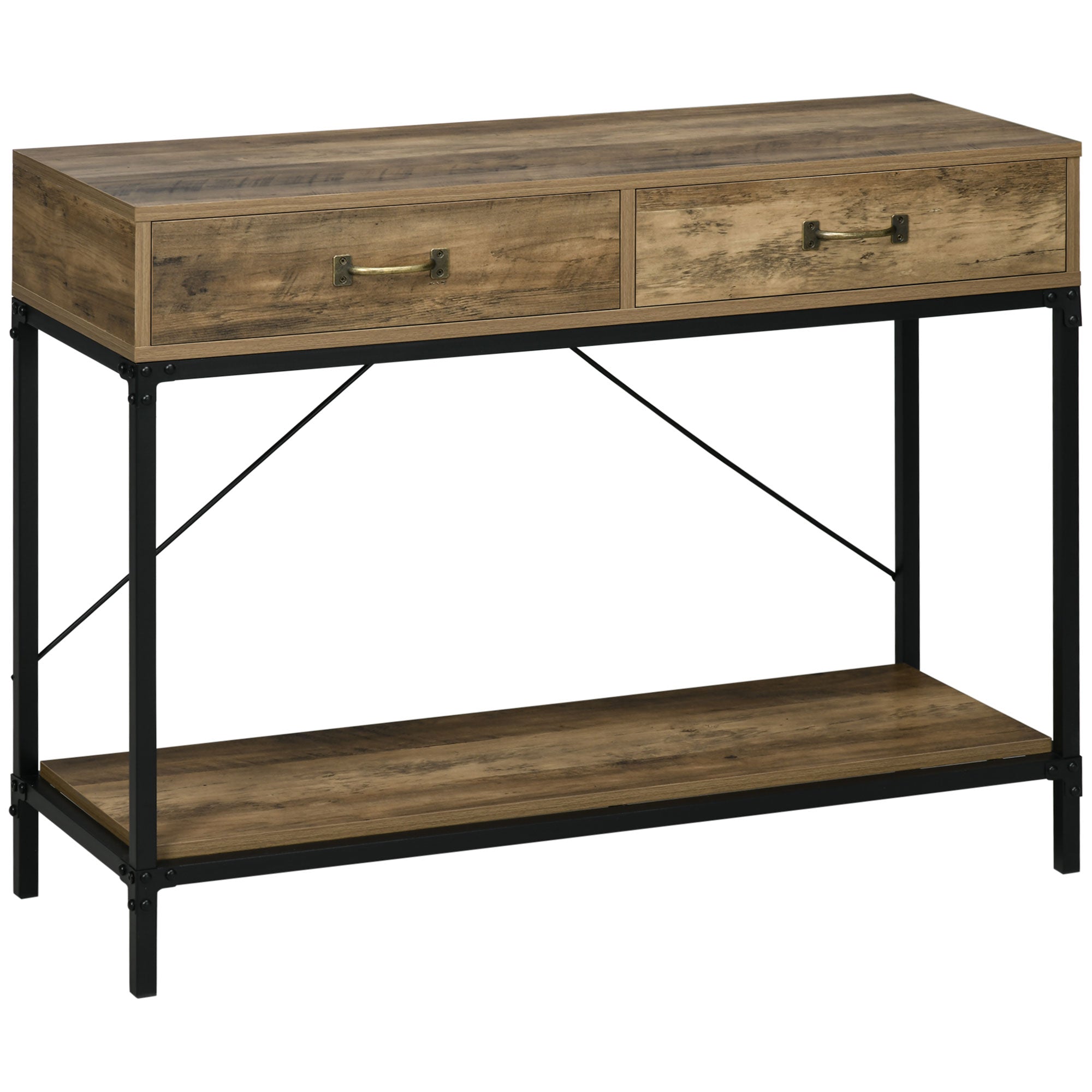 Side Table with 2 Drawers and Lower Shelf, Vintage Brown Black