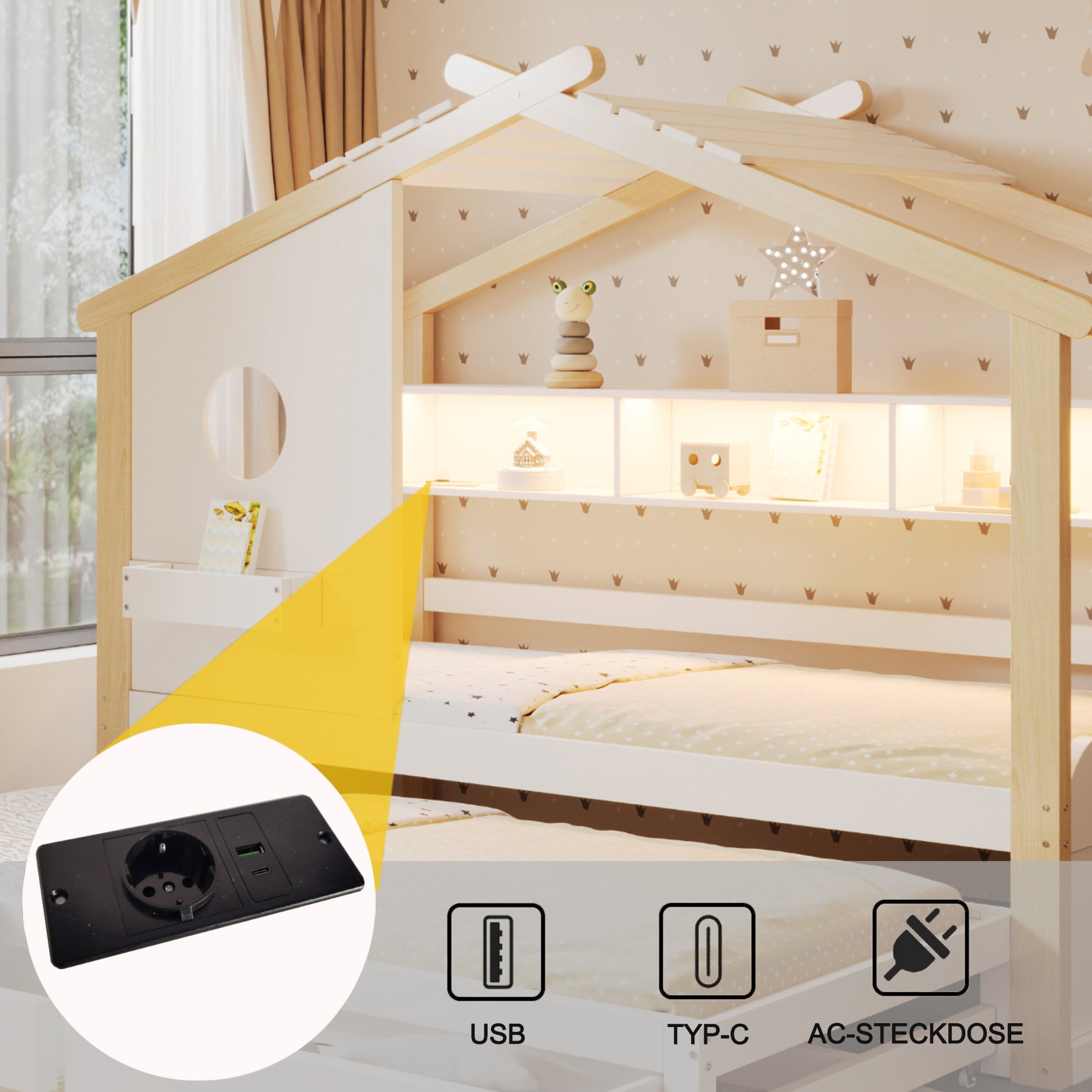 House-Shaped Children's Bed with Pull-out Bed, Drawers, USB, LED and Shelves, 90x200cm, White and Raw Wood