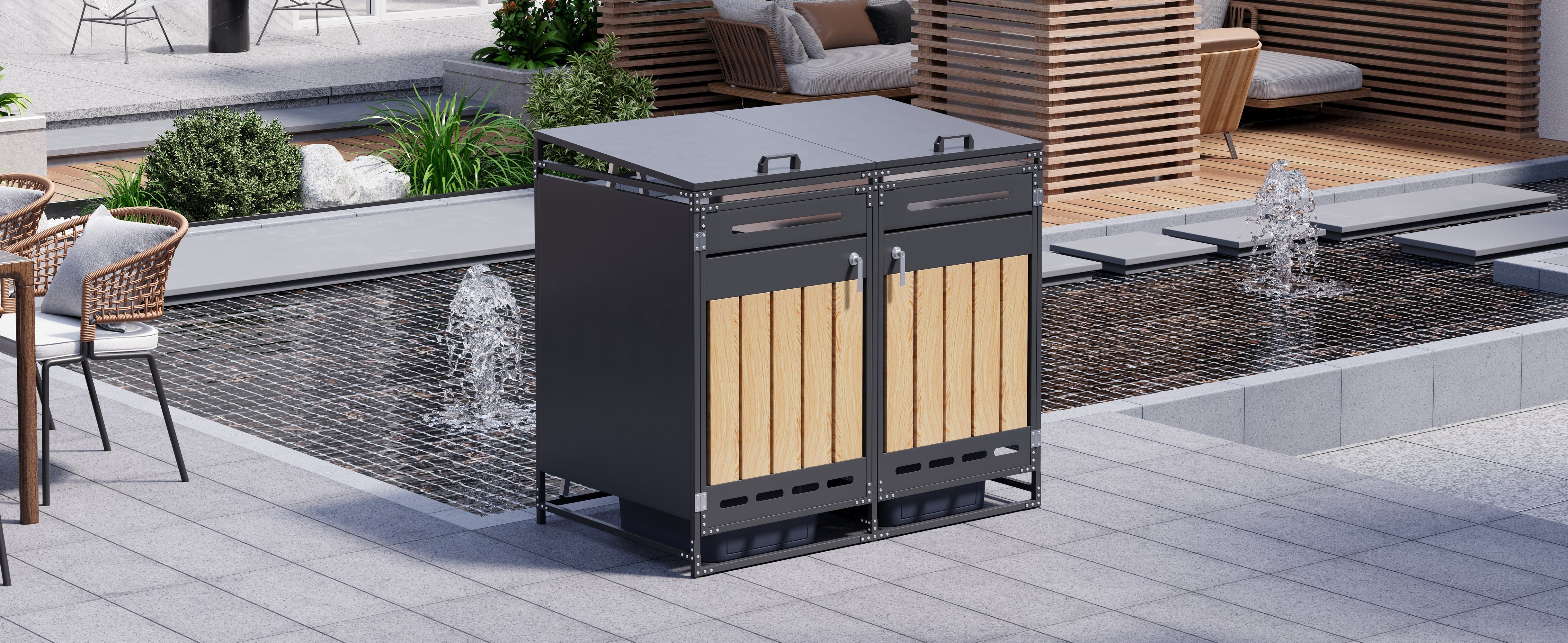 Bin Storage Unit with Hydraulic Lid, Slotted Ventilation and Lock, Iron Wood-Look Cladding