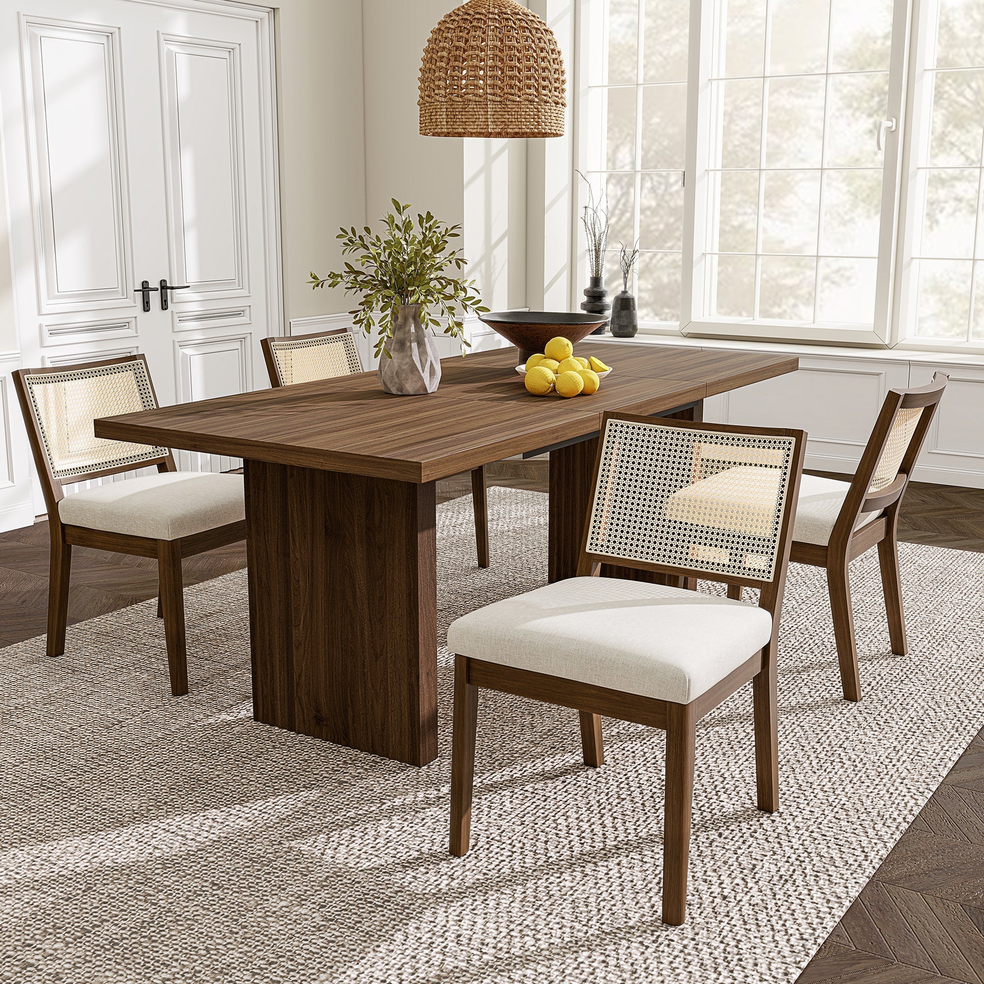 Solid Wood Dining Chairs Set of 4 with Rattan Backrest, Linen and Walnut
