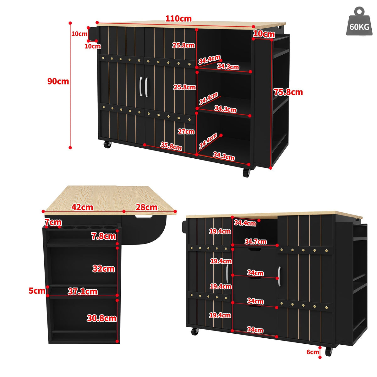 Kitchen Serving Cart Mobile Island with Worktop Sliding Doors Drawers Spice Rack Black
