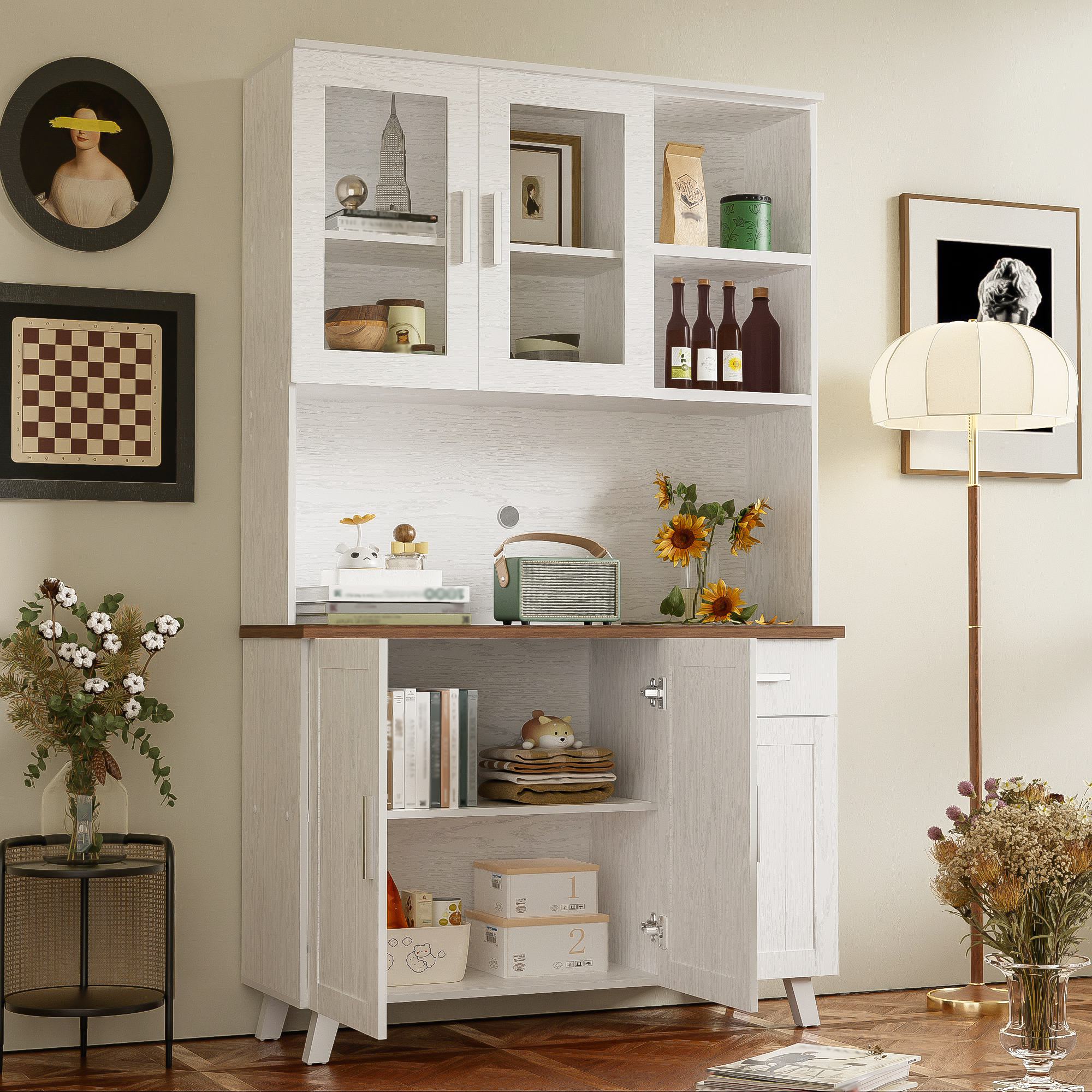 Sideboard, Tall Cabinet with Glass Panels, White Wood Grain