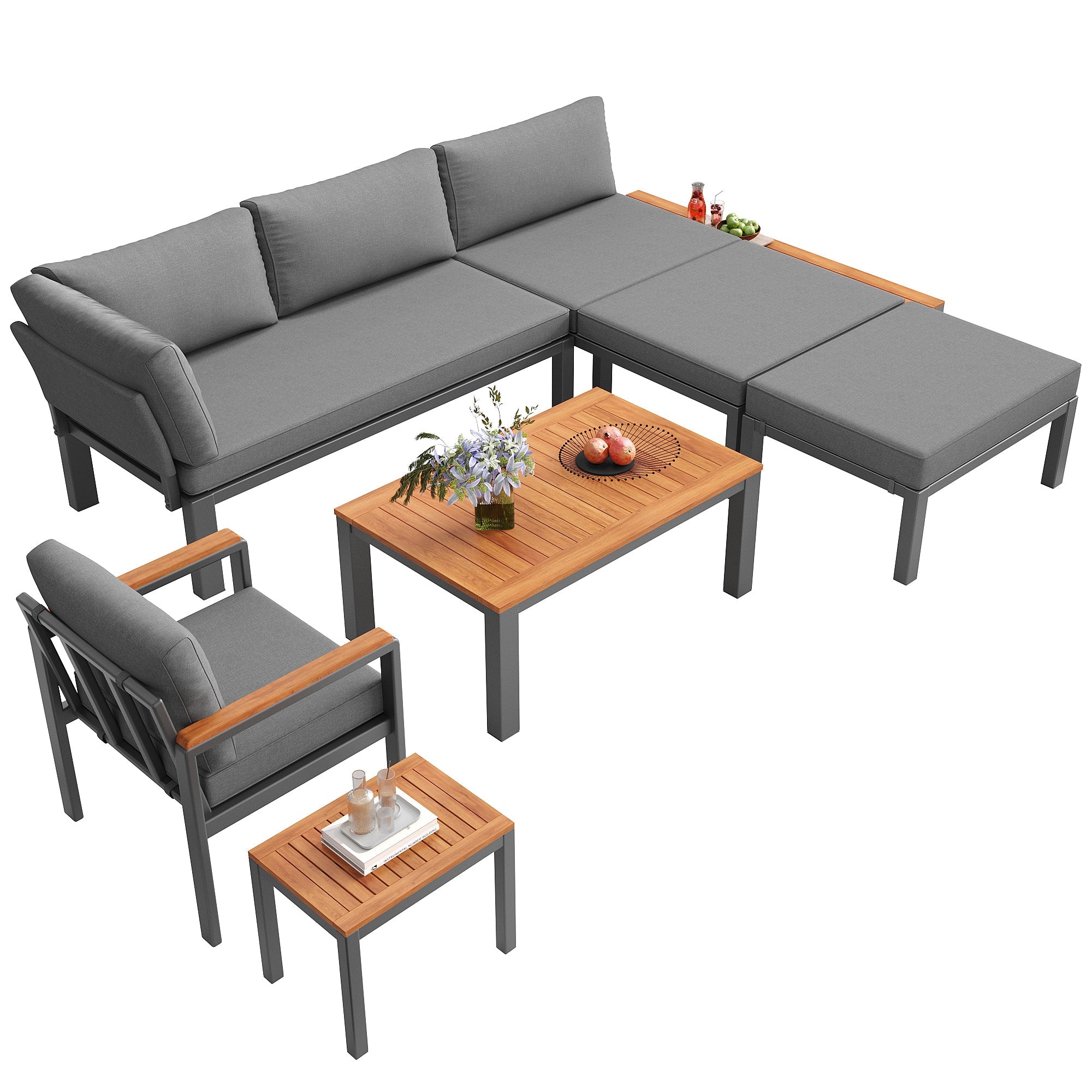 Modular Outdoor Seating Set with Metal Frame and Wooden Tables, Grey