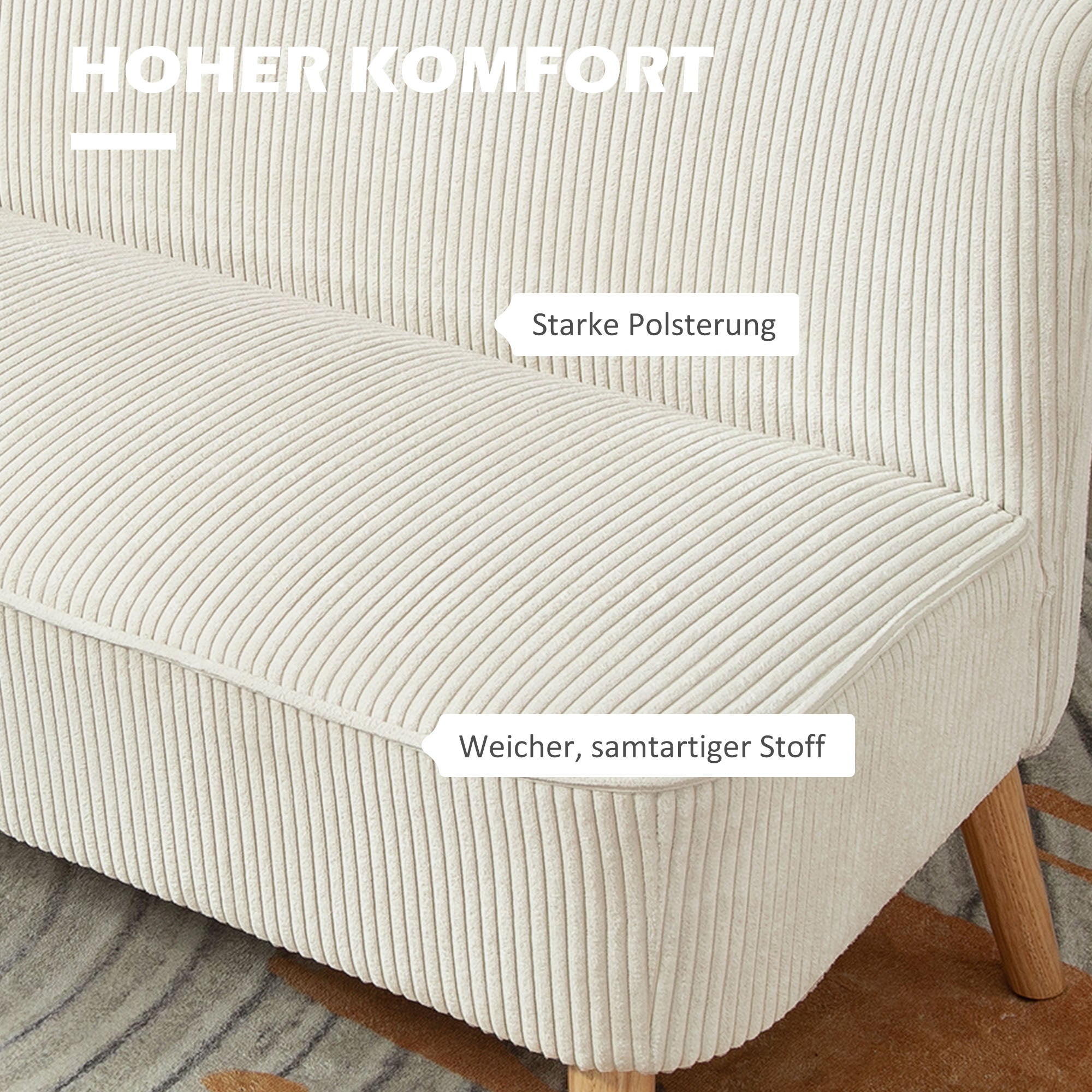 2-Seater Sofa Upholstered Lounge Wooden Legs, Corduroy Cream White