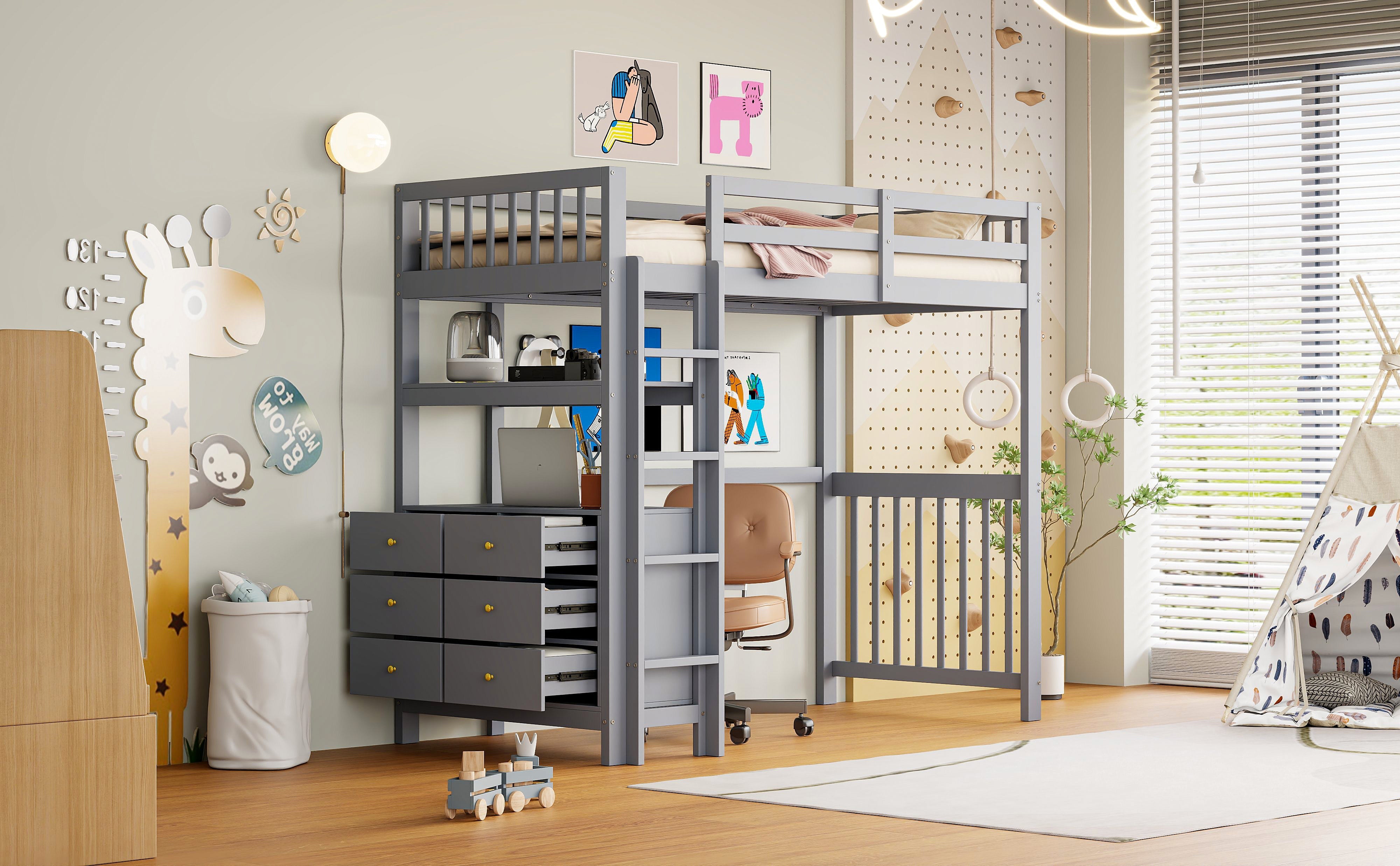 Loft Bed, 90x200cm with Ladder, Drawers, Shelves, Slatted Frame, Pinewood, Grey