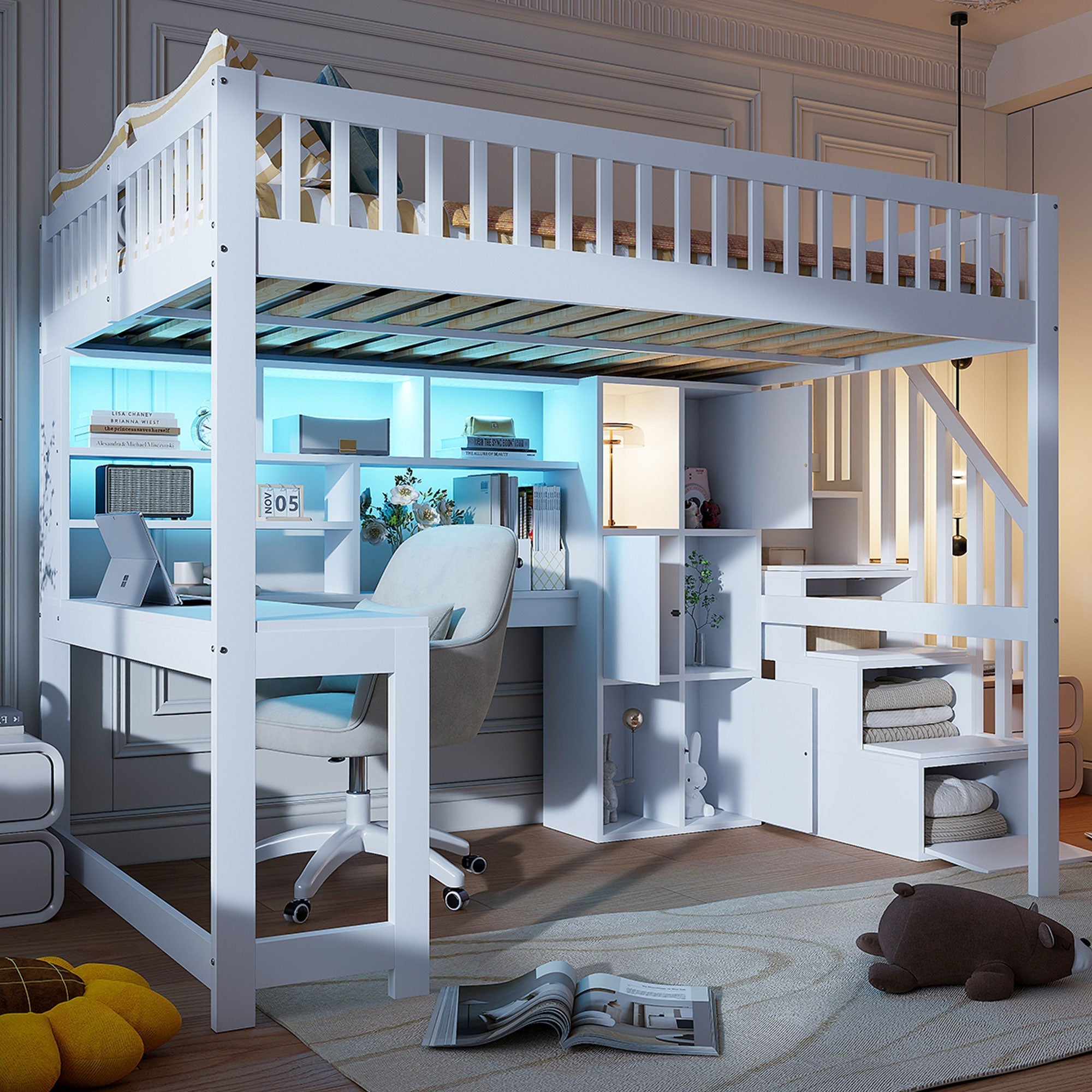 Loft Bed with LED Lights, Storage Ladder, Shelves and Desk, 140x200cm, White