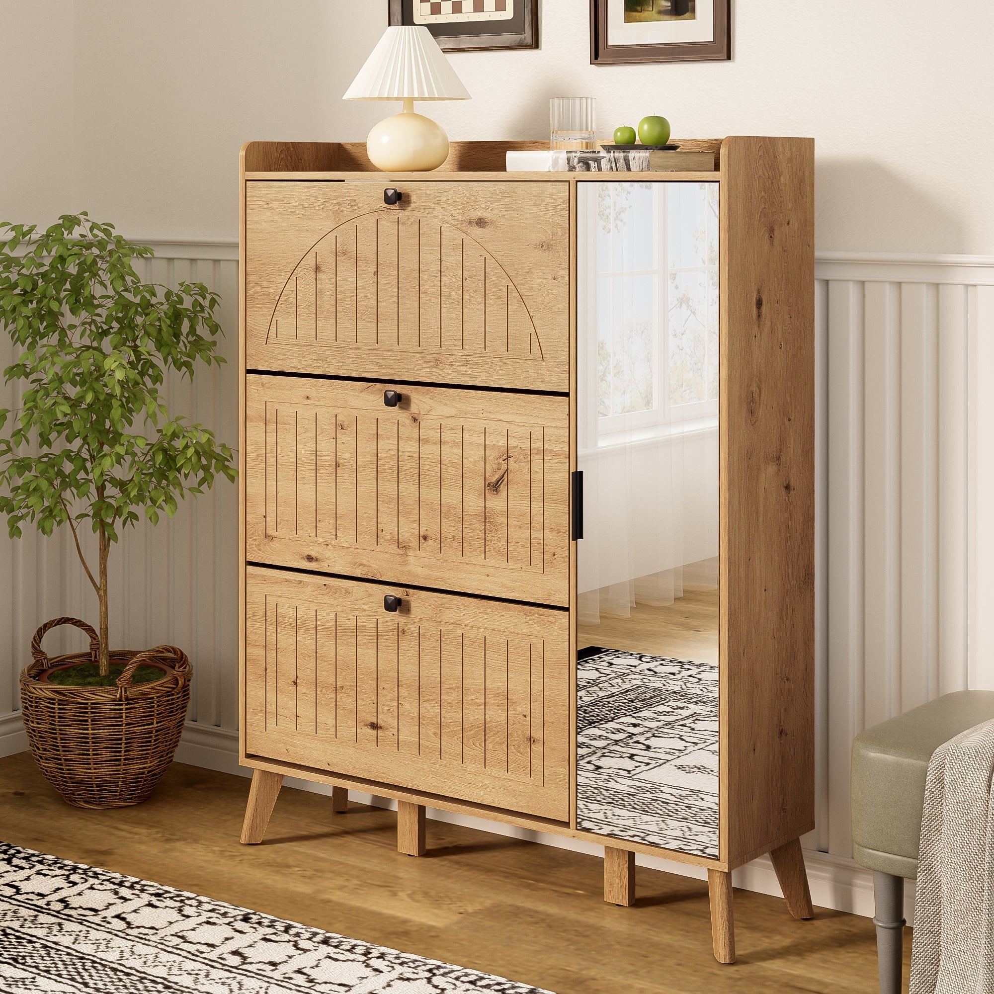 Modern Shoe Cabinet Mirror 3 Flap Doors 110x24x137.5cm