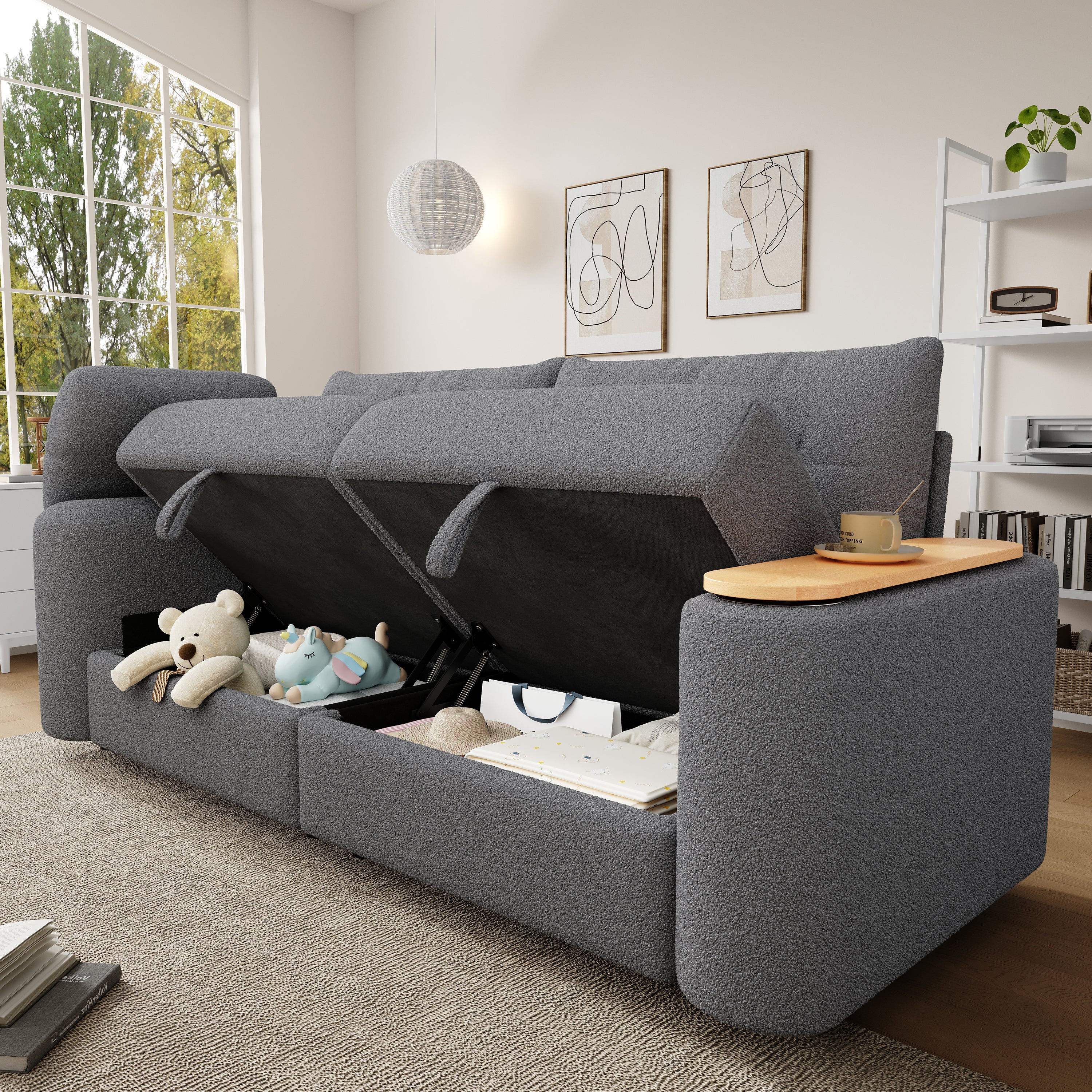 Teddy Plush Sofa, 3-Seater Modular Sofa Bed with Storage and Side Table, Gray