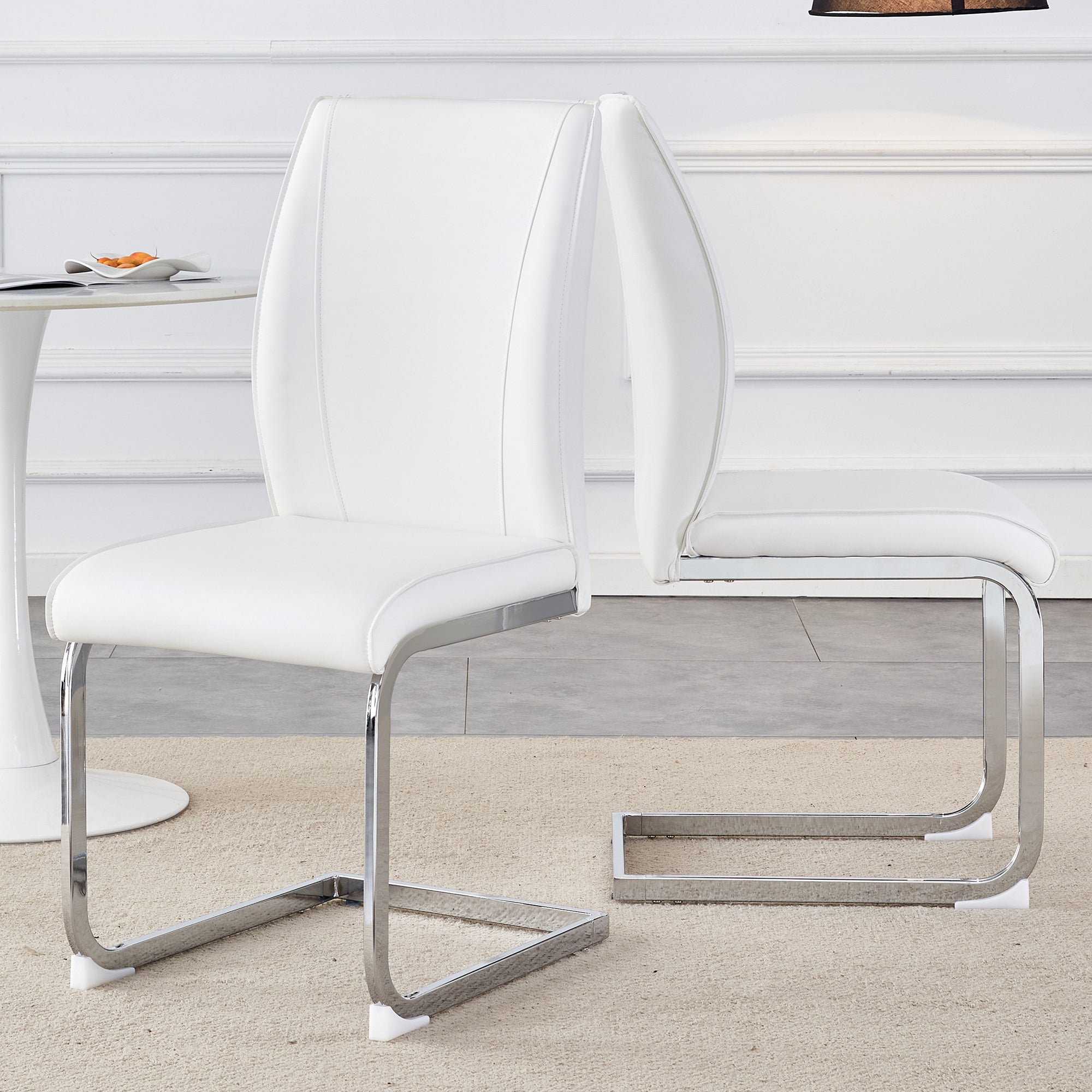 Chairs Set of 2 Elegant Modern PU Comfort Cushion Silver Metal Legs - White