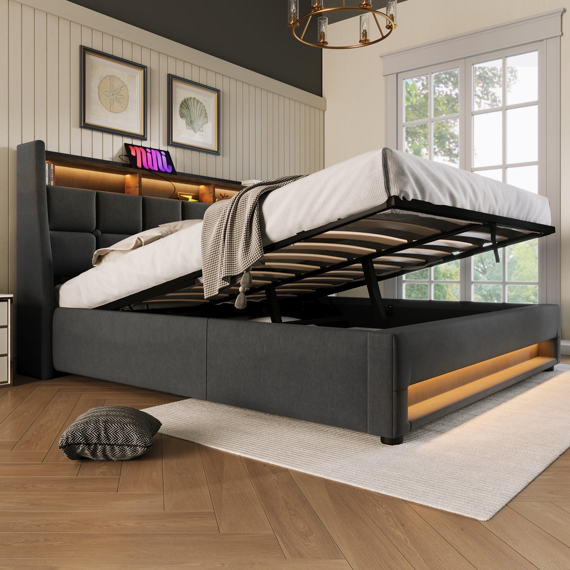 Upholstered Double Bed with LED Lighting, USB Charging, Storage Headboard, 5FT King Size, Linen Grey