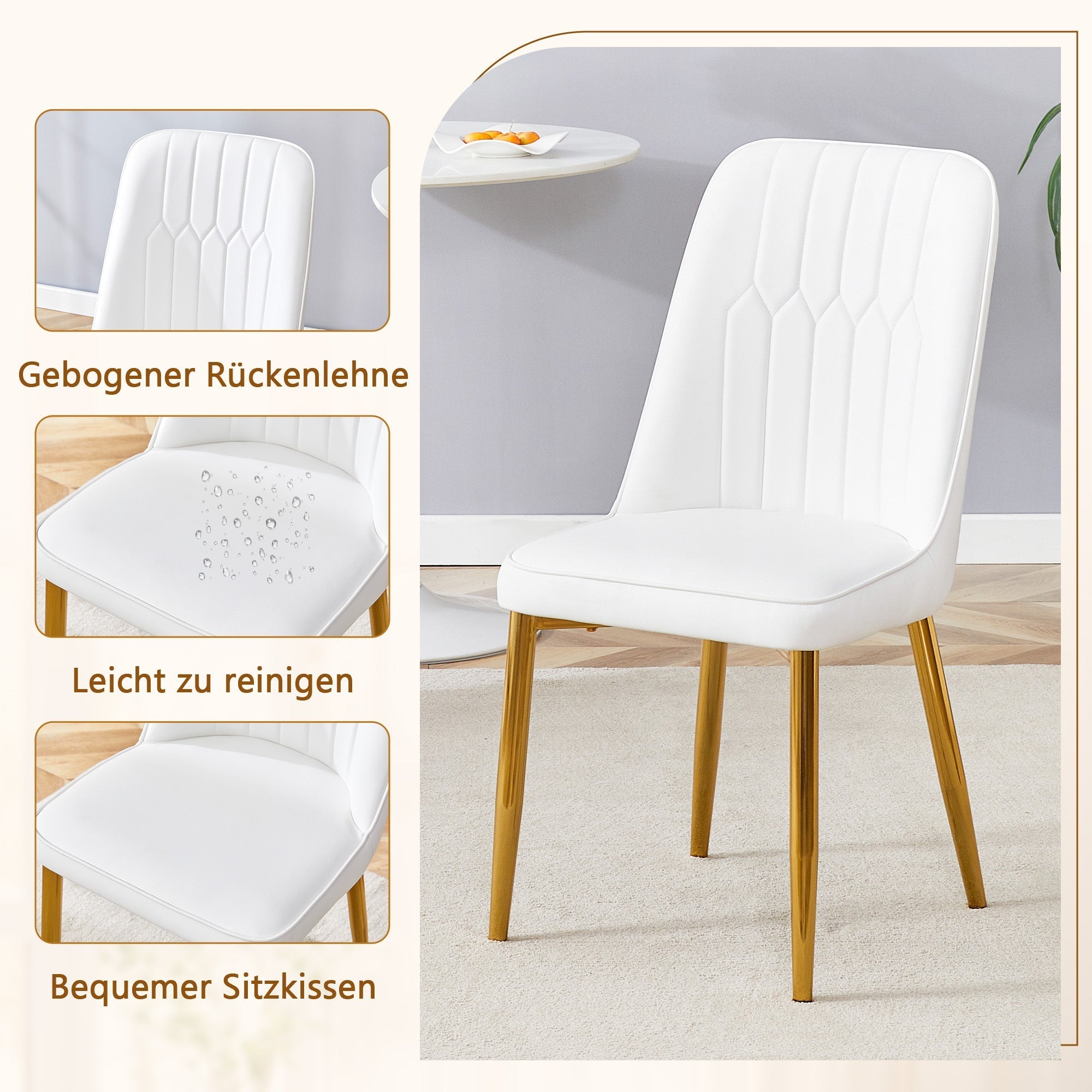 Dining Set Round Glass Table 85cm 4 PU Chairs Gold Legs - White