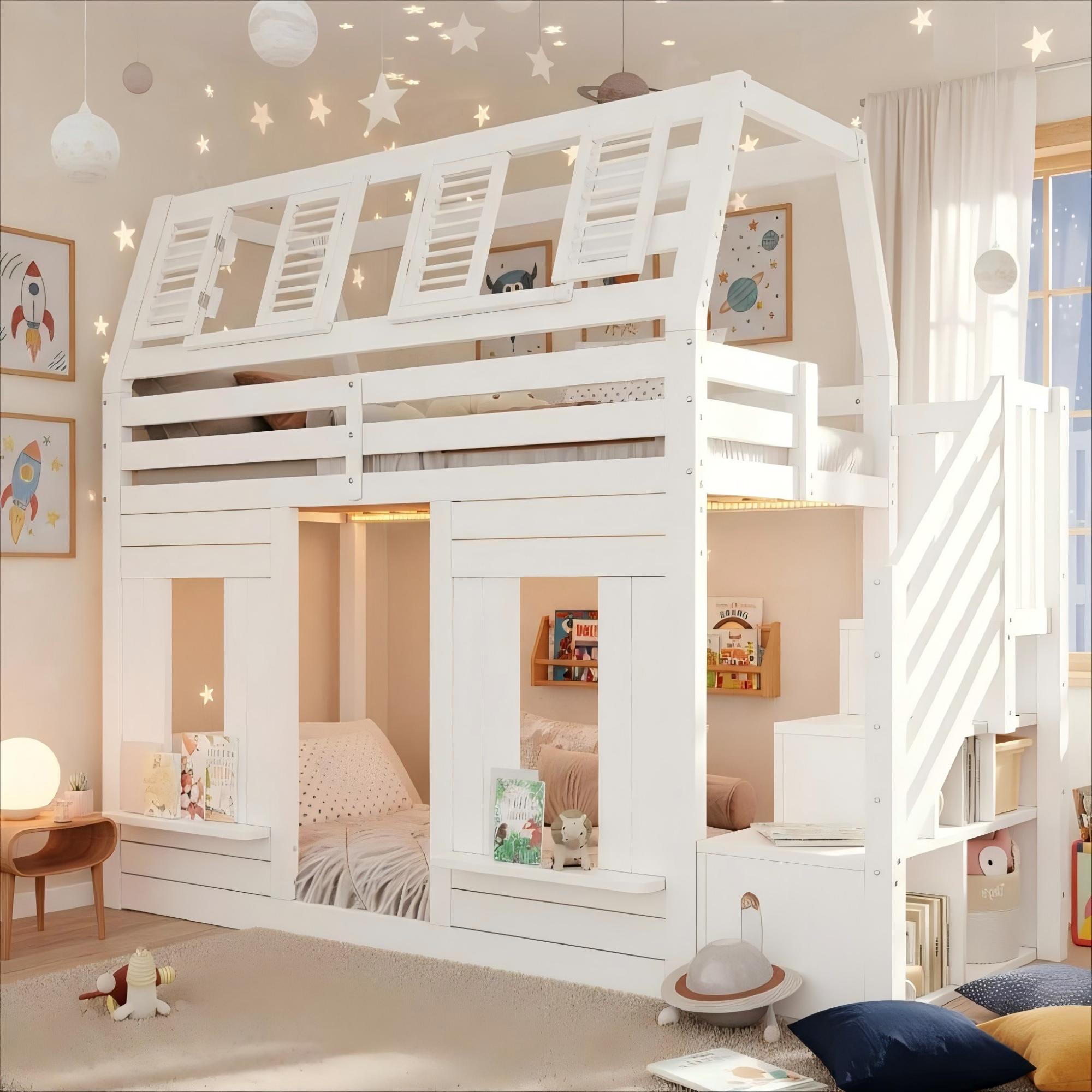 Bunk Bed with LED, Fall Protection and Storage Stairs, 90x200cm, White Wooden House Design
