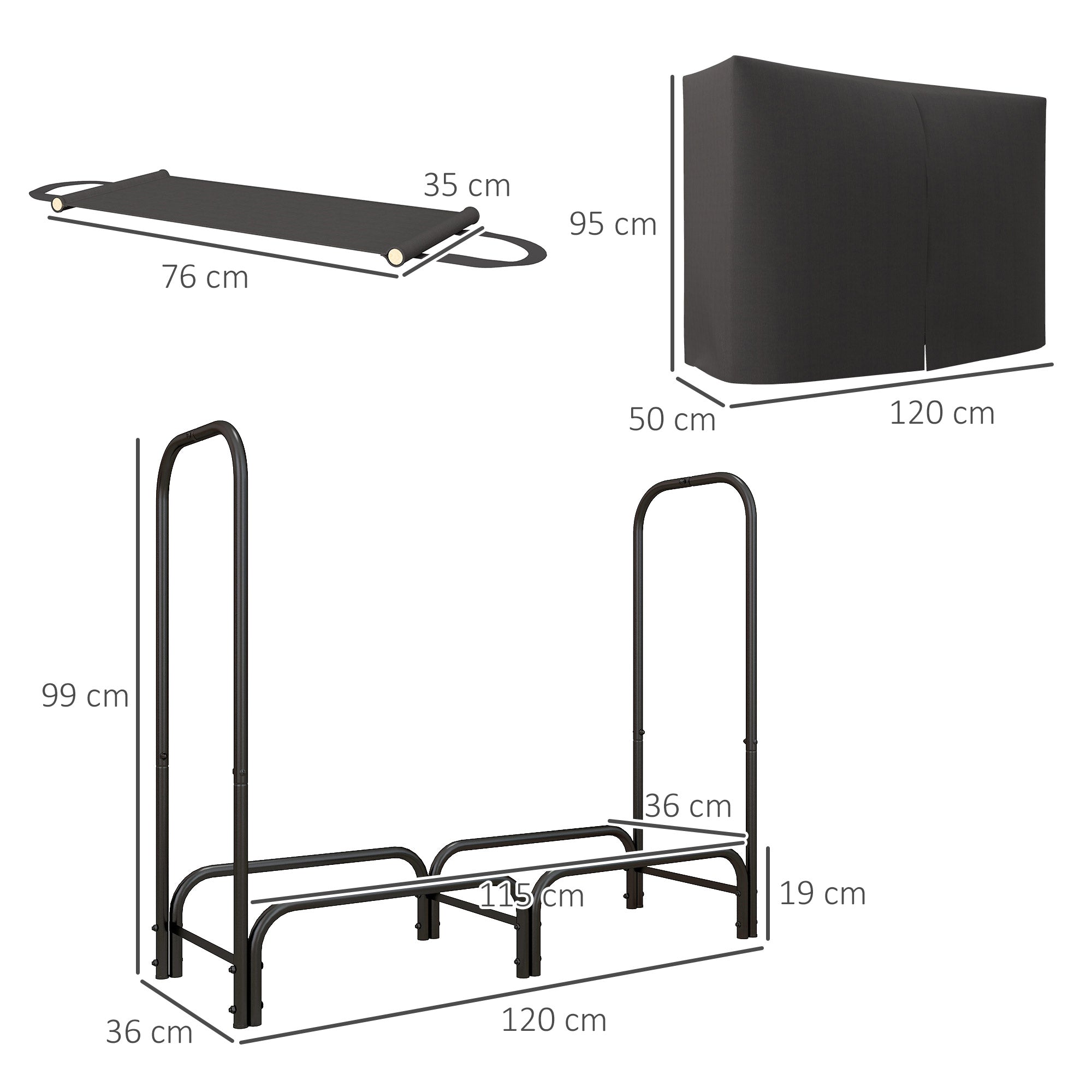 Firewood Rack 120x36x99 cm with Carrying Bag & Water-Repellent Cover, Metal Black