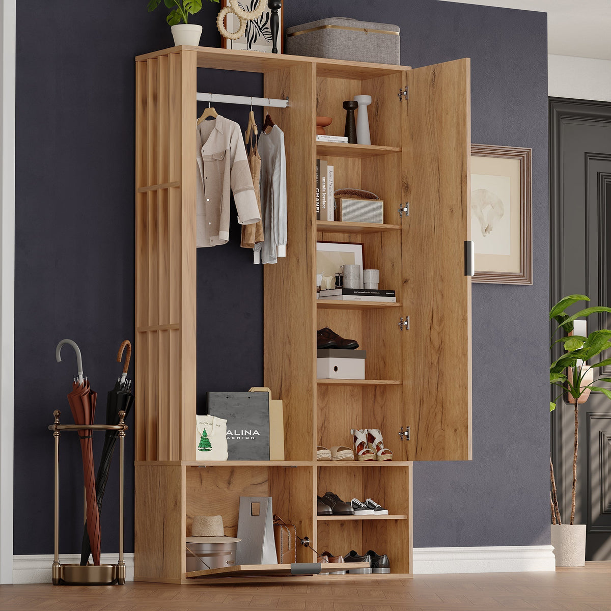 Wardrobe with Hallway, 6-in-1 Entryway 100x33x190cm Clothes Rack Mirror, Wood Color
