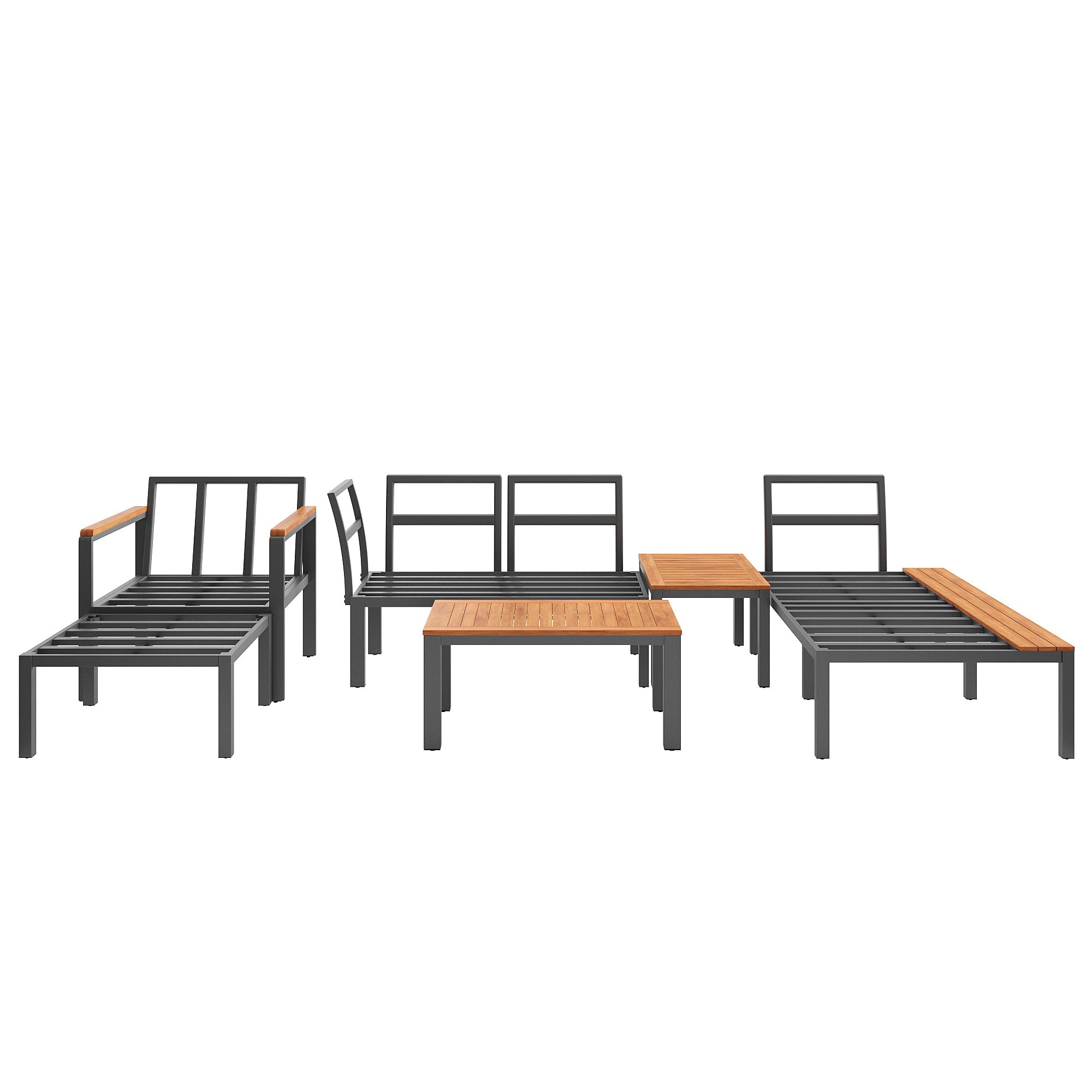 Modular Outdoor Seating Set with Metal Frame and Wooden Tables, Grey
