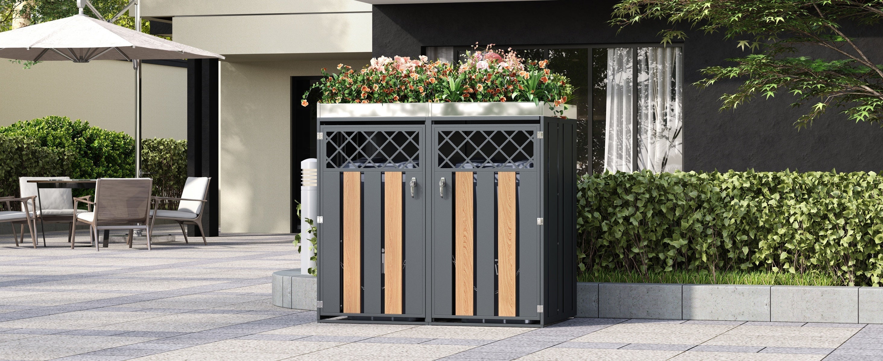 Garbage Can Enclosure with Diamond Ventilation and Planting Area, Lockable 2-Door, Steel