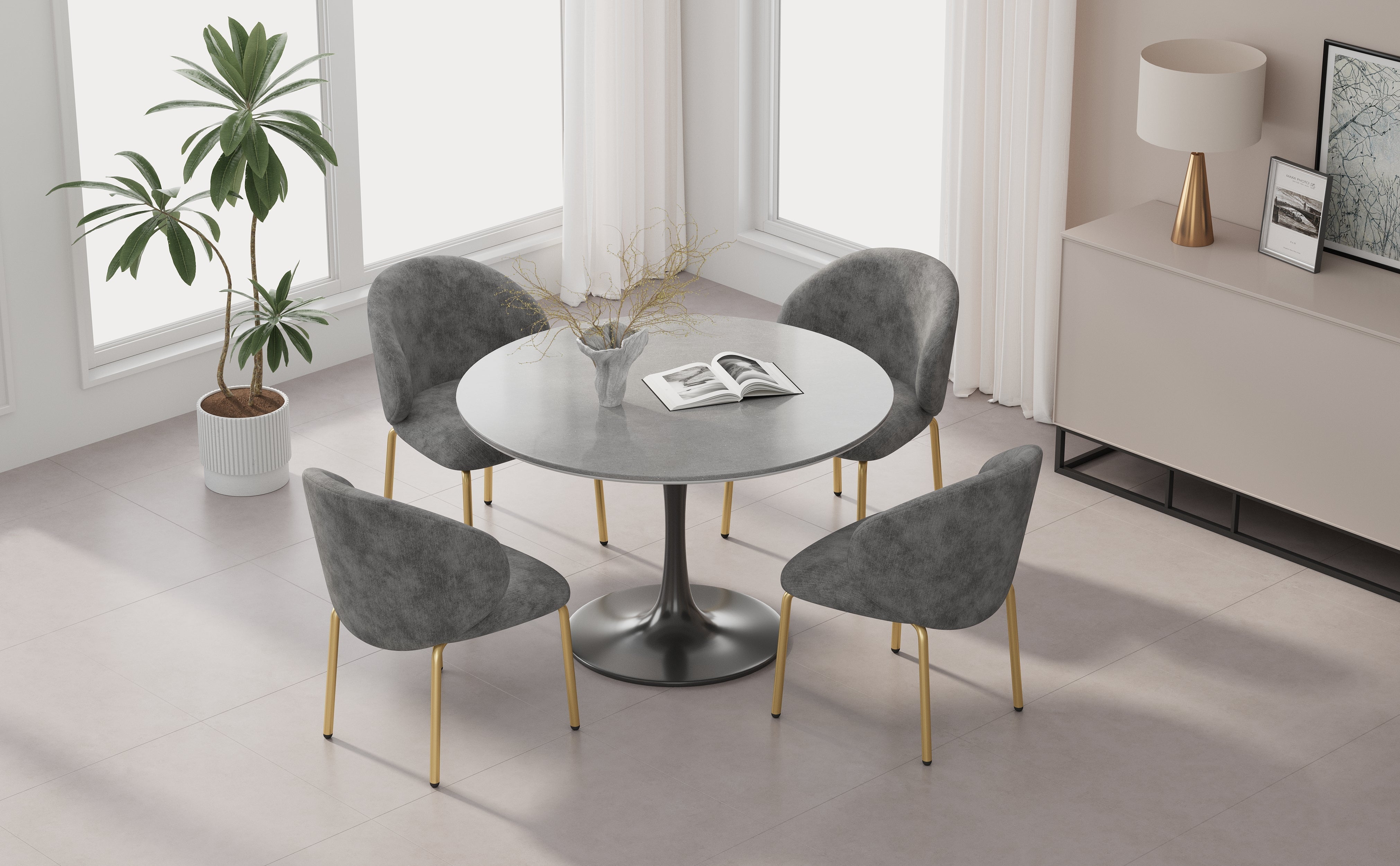 Dining Chairs and Lounge Chairs with Gold Legs, Set of 4, Grey Chenille