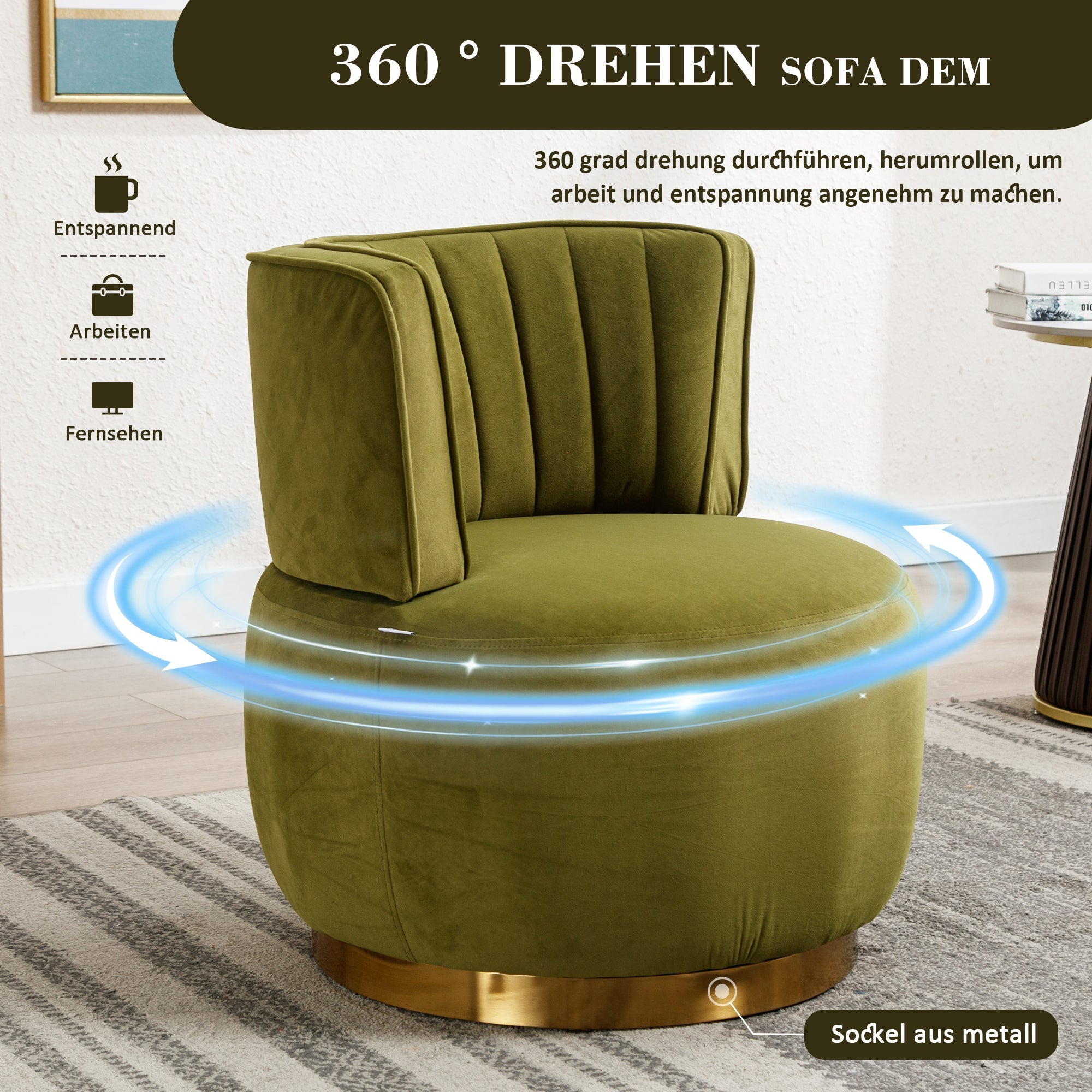 Swivel Shell Chair 360° Velvet - Olive Green