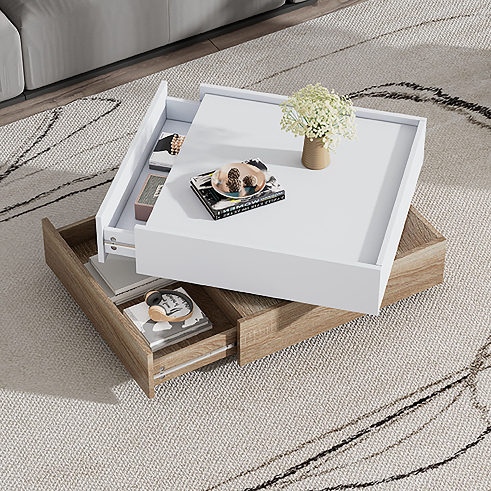 Functional coffee table, 360° rotatable with 2 levels storage, walnut frame white