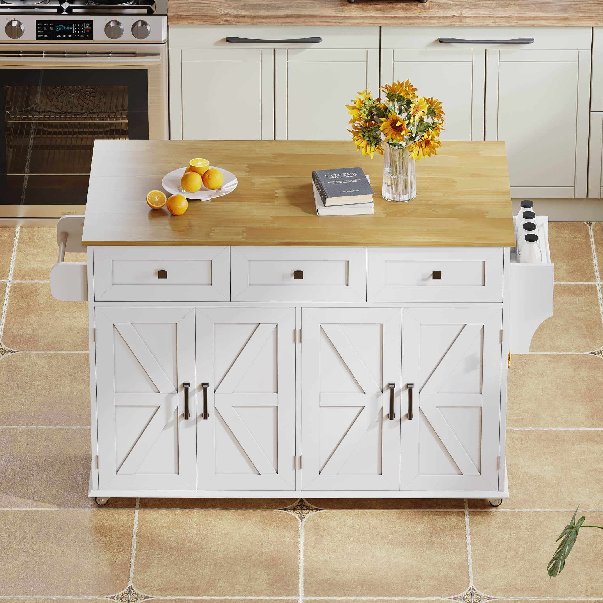 Kitchen Island Fold-Down Worktop 4 Doors 3 Drawers Barn Style with Casters - White