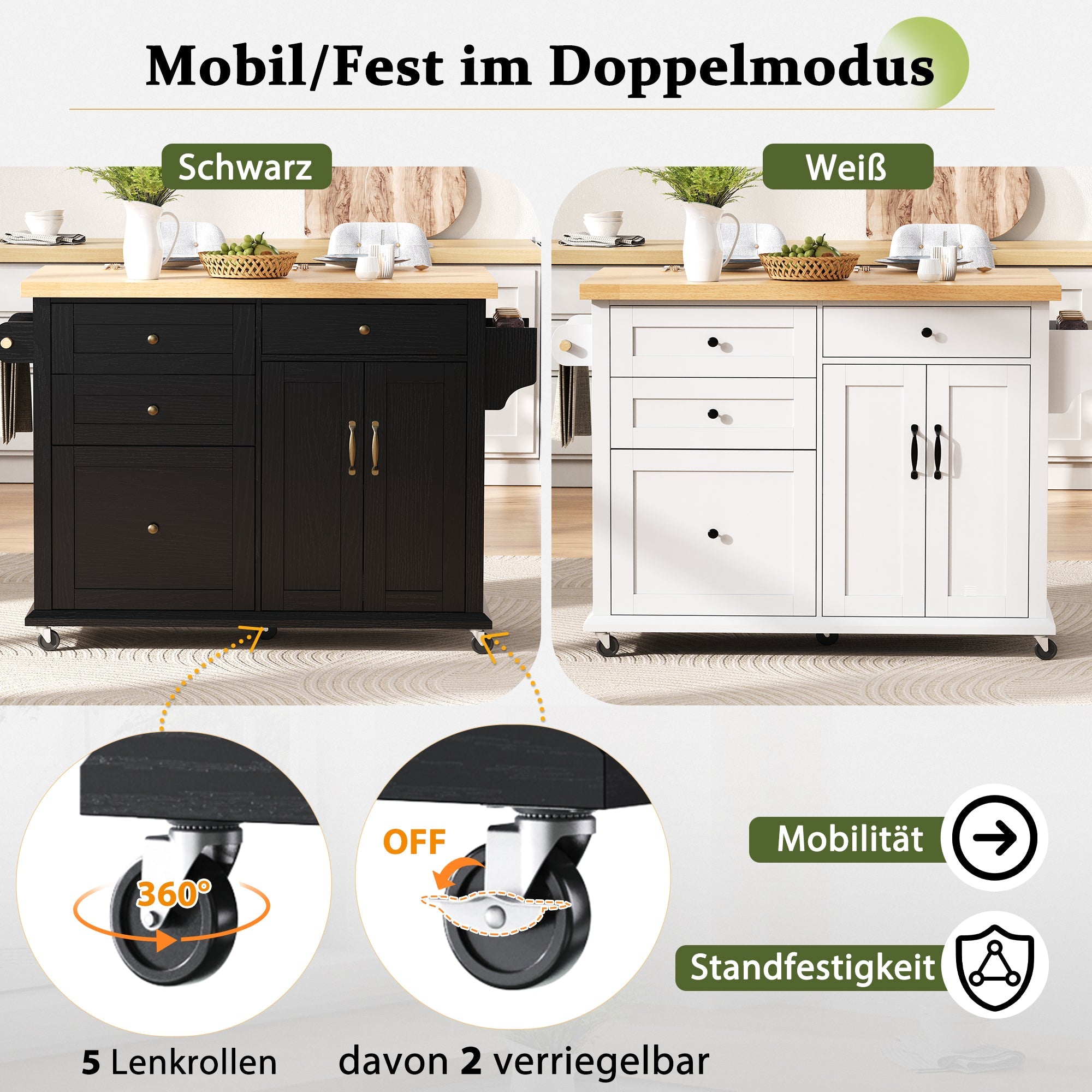 Mobile Kitchen Island, Extendable Table and Multifunctional Drawers, Black