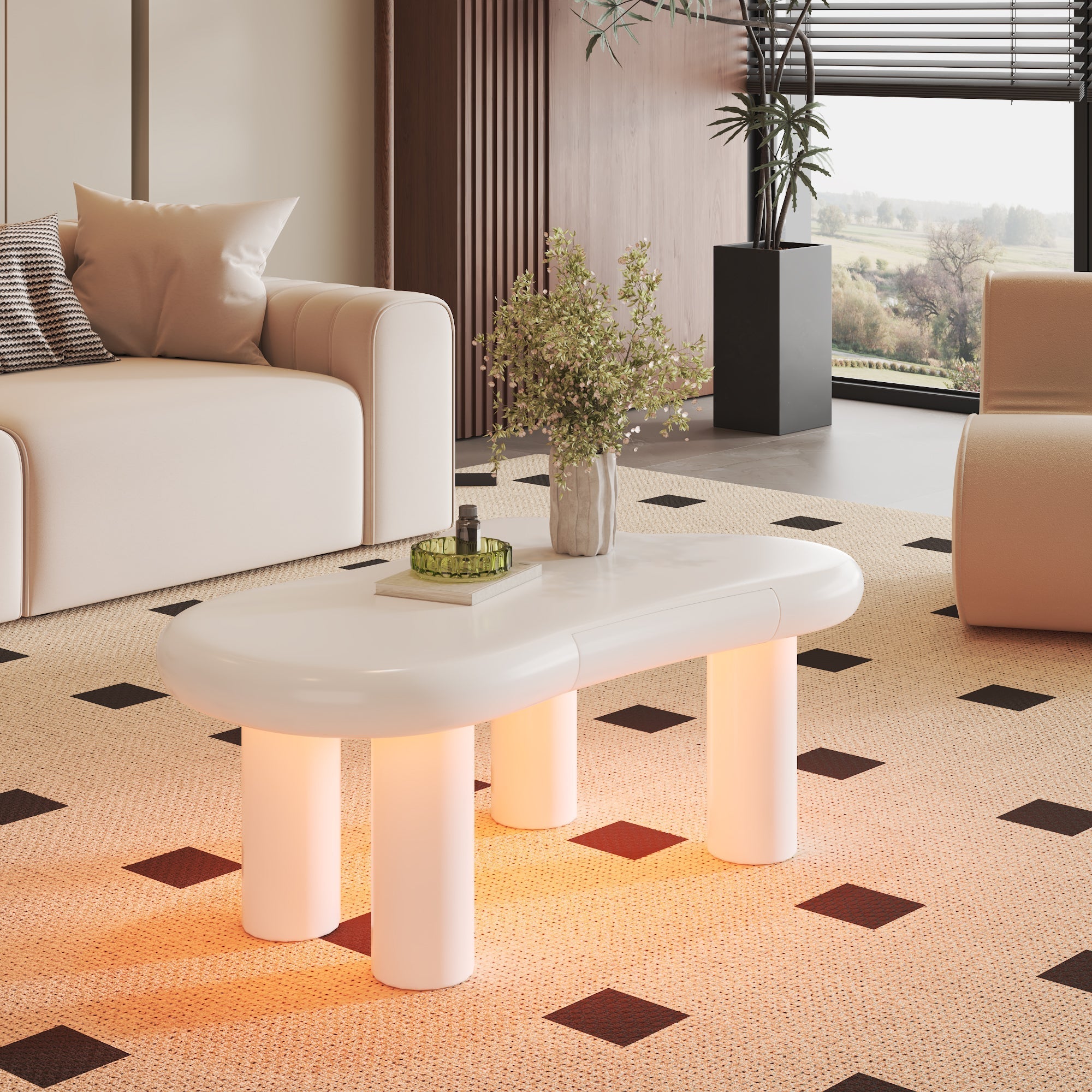Coffee Table, Cloud-Shaped with 16-Color LED & Drawer, White MDF