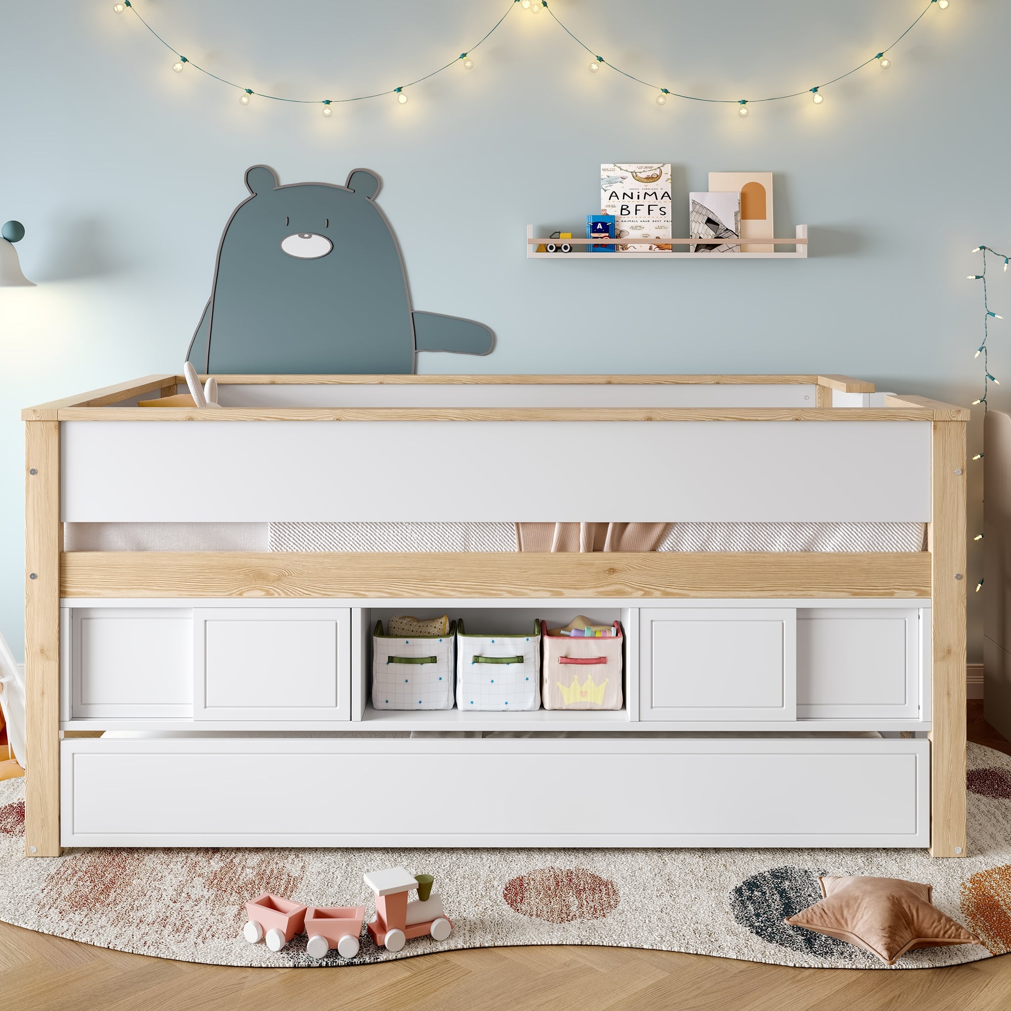 Mid-height Bed with Pull-Out Bed Storage 90x200cm, White + Natural