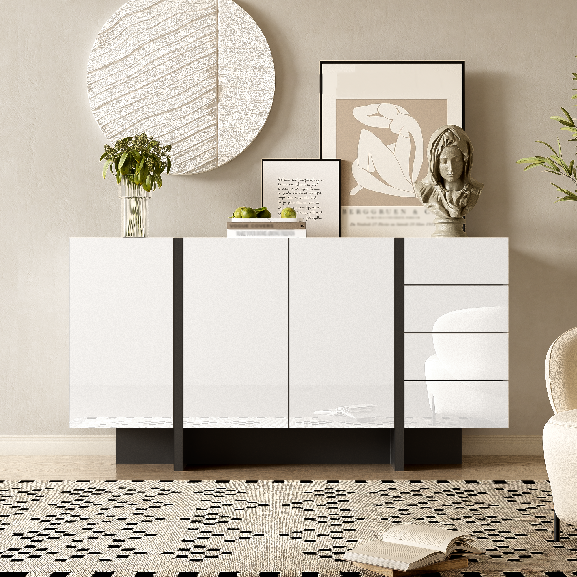 Sideboard, 2-Door 4-Drawer Modern, White High-Gloss