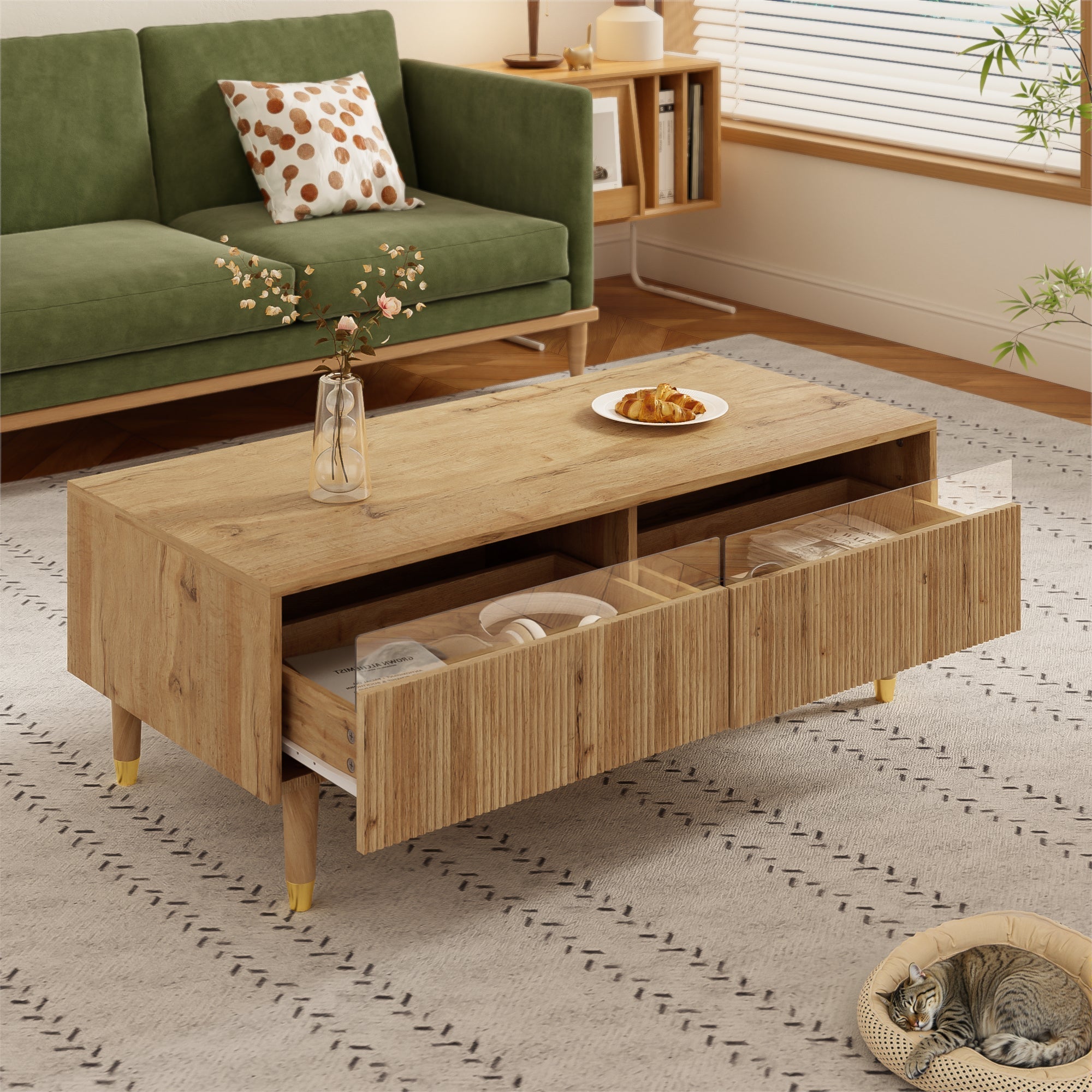 LED coffee table with wavy drawer top, two drawers, gold-wood