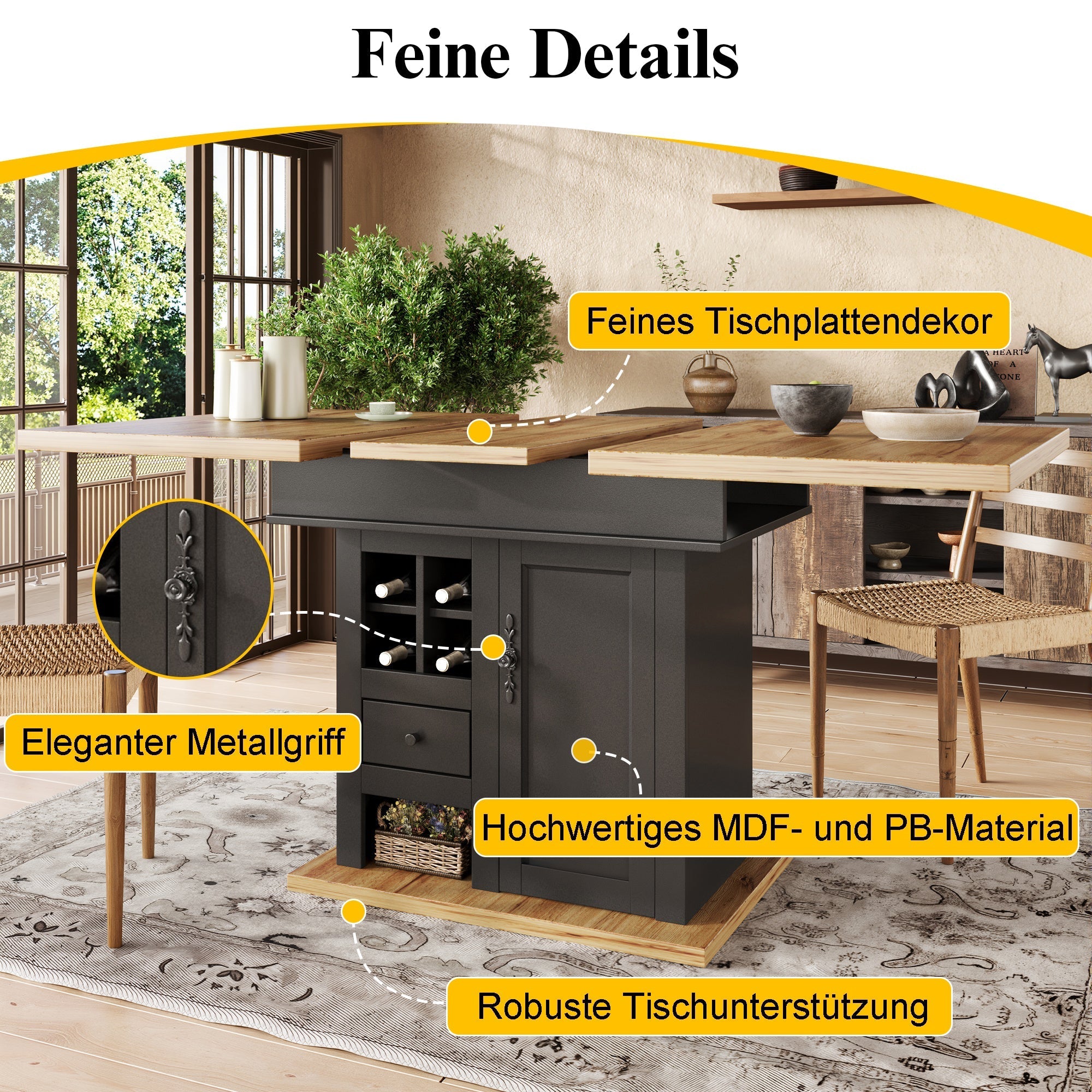Extendable Telescopic Dining Table with Wine Rack and Drawers, MDF and Metal