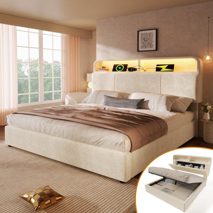 Upholstered Double Bed with Storage Headboard, Hydraulic Lift, LED and USB Charging, 180x200cm, Beige Velvet