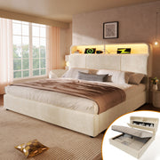 Upholstered Double Bed with Hydraulic Storage, LED, and USB Charging, 140x190cm, Beige Velvet