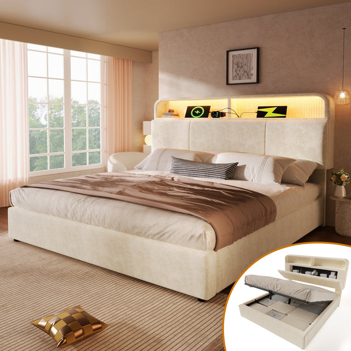 Upholstered Double Bed with Hydraulic Storage, LED, and USB Charging, 140x190cm, Beige Velvet