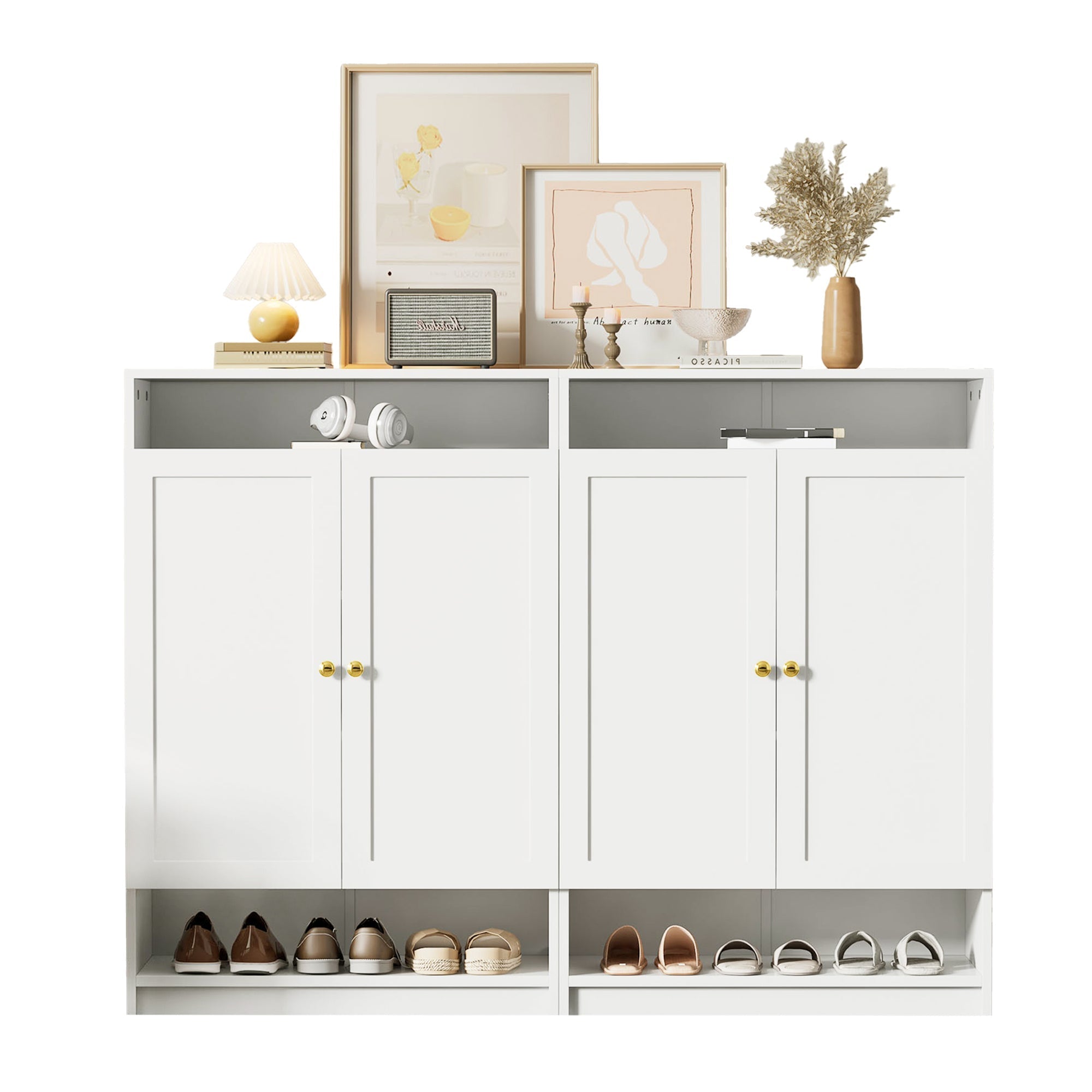 Modern Shoe Cabinet with Adjustable Shelves, Golden Handles, White