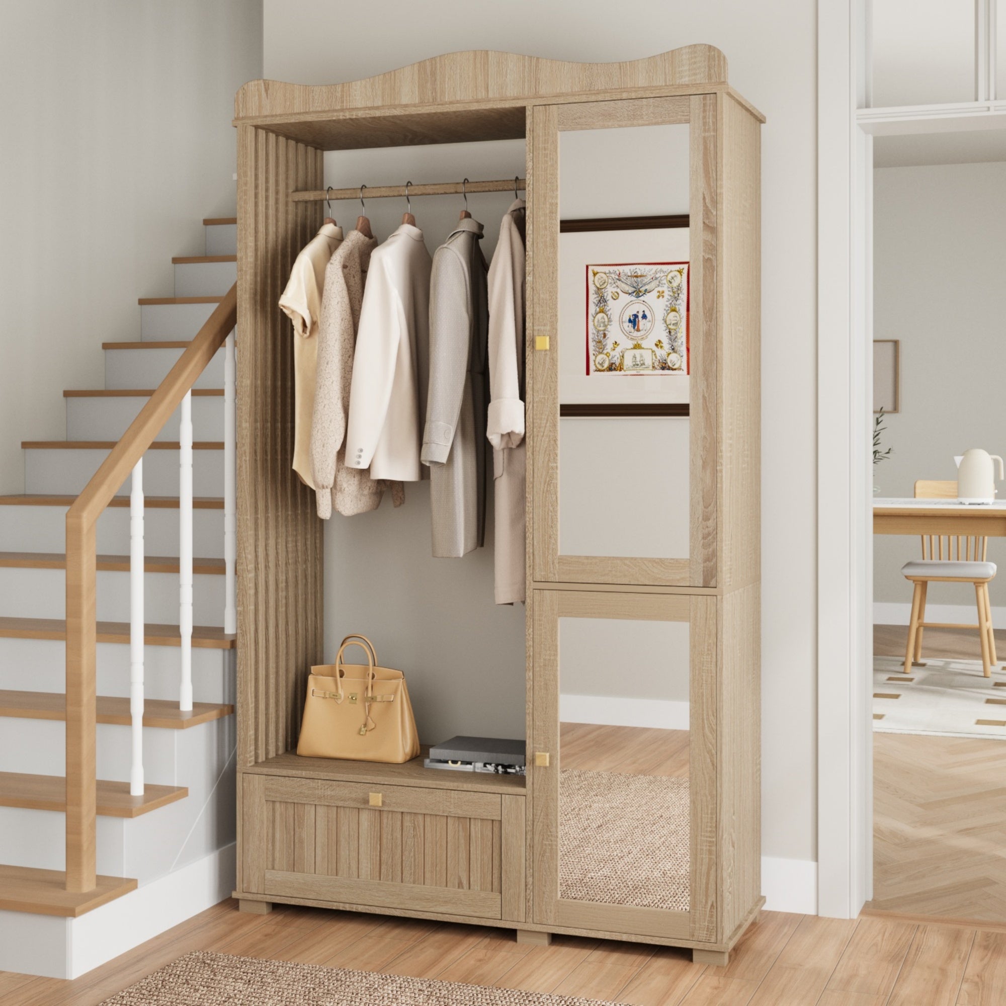 Wardrobe with Mirror and Open Clothes Rack, Drawer and 2 Doors, Wood Wood