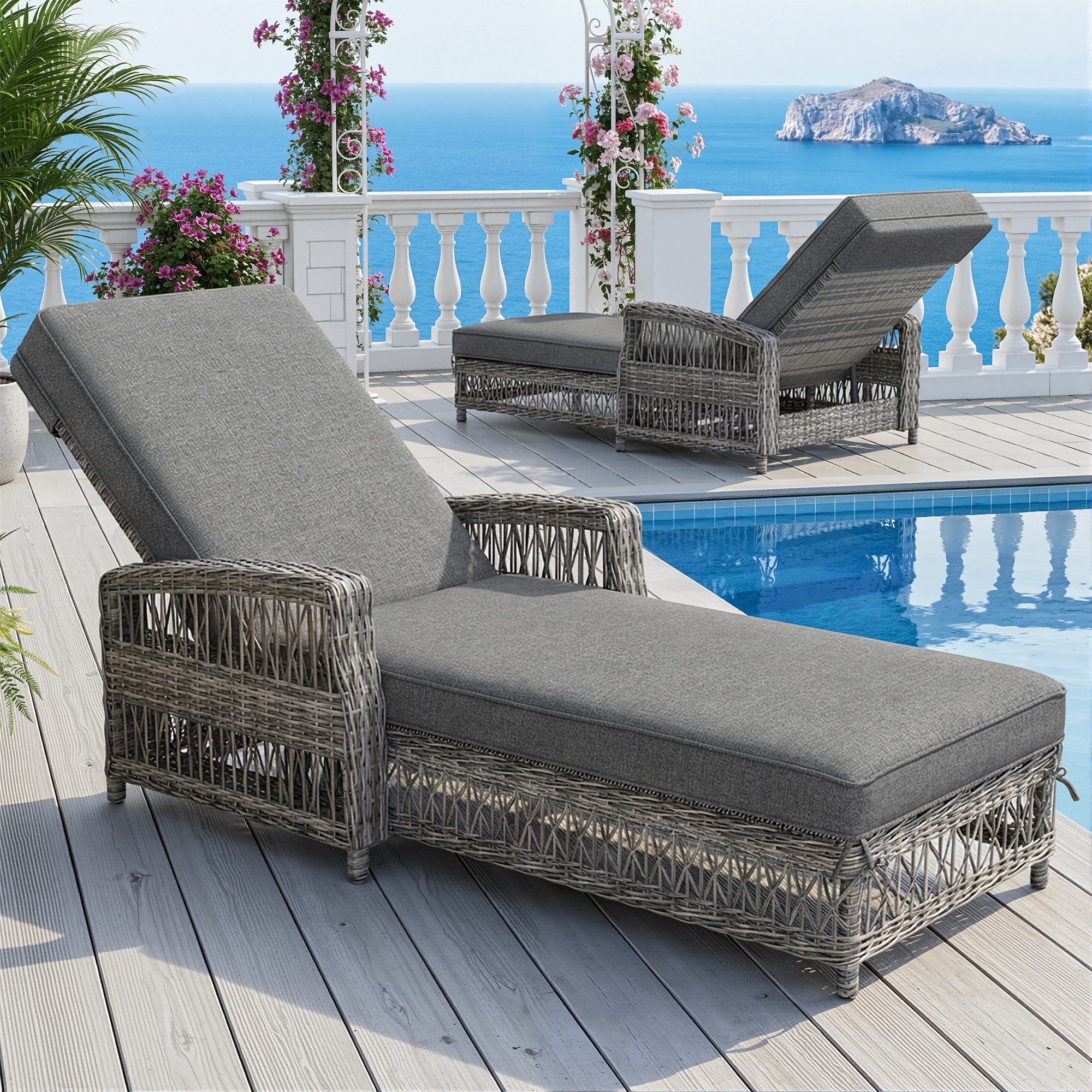 Outdoor Rattan Lounger with Adjustable Backrest and Removable Cushion, Grey Rattan