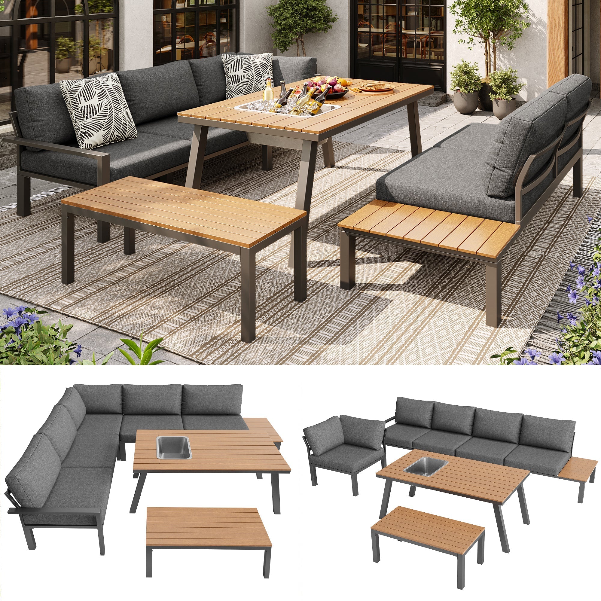 Outdoor Garden Lounge Furniture Set for 6-7 People, Galvanised Iron Frame, Grey