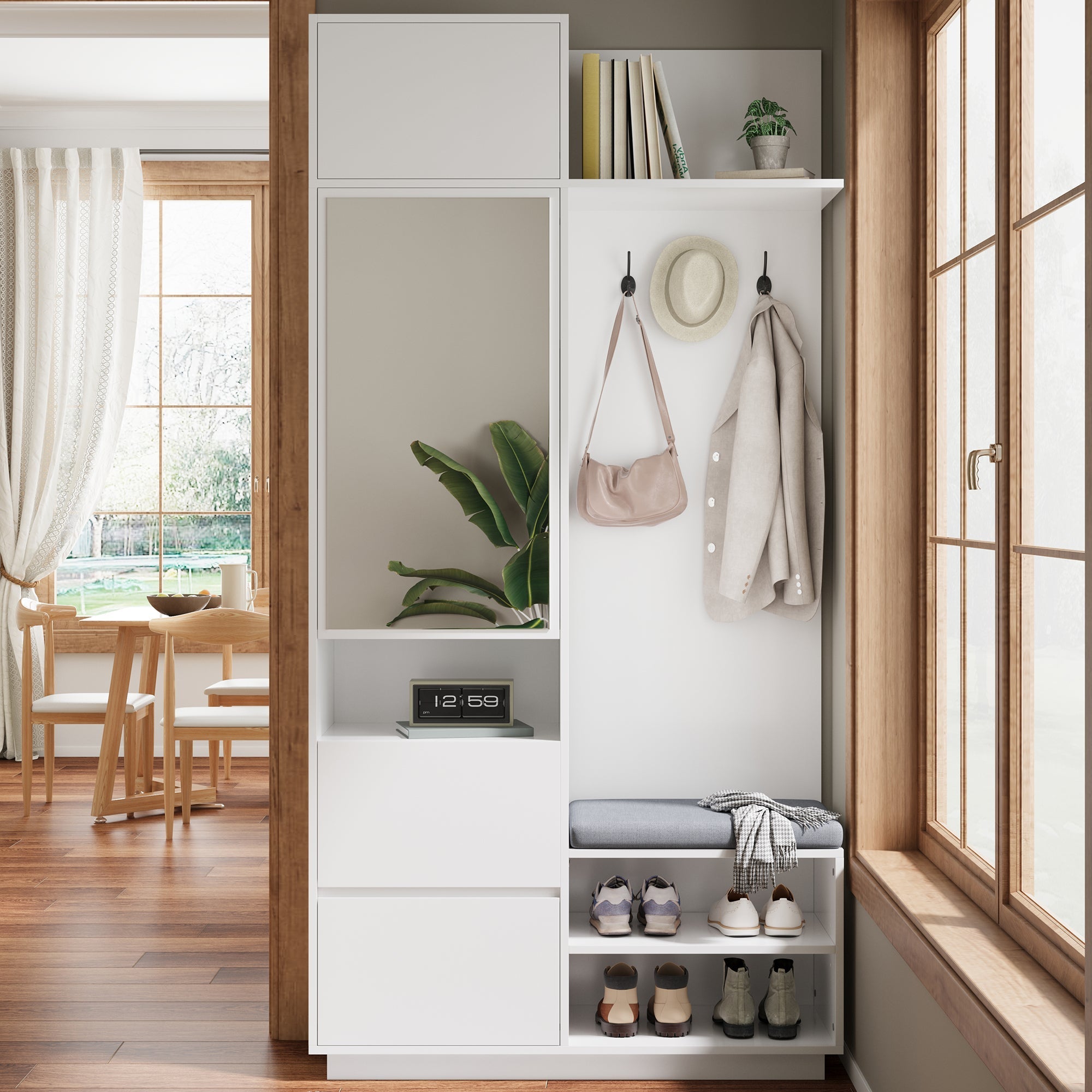 Compact Wardrobe with Mirror, Bench & Shoe Cabinet, White MDF
