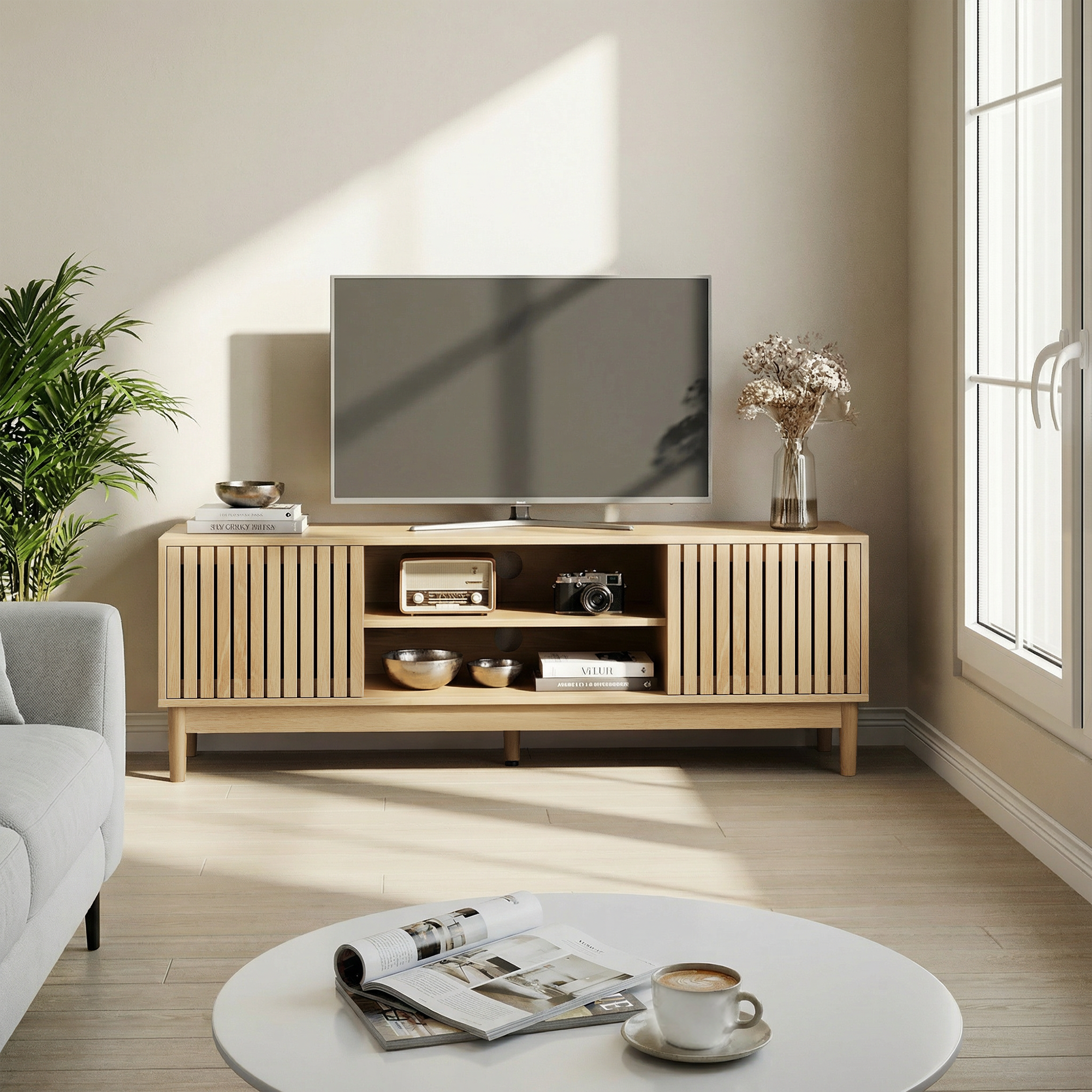 Mid-Century Modern TV Stand for 55/65 Inch TVs with Storage, 140cm High Media Console, Oak Color