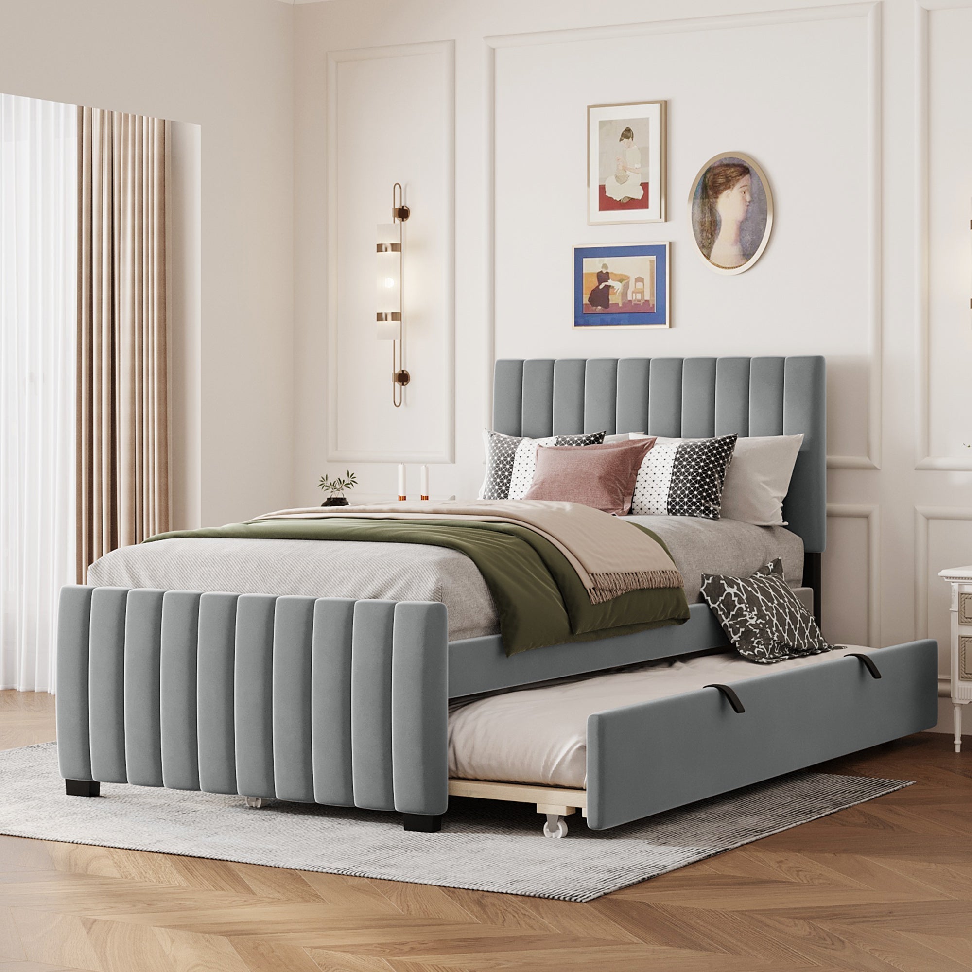 Upholstered Bed with Pull-Out, 90 x 190 cm Single, Grey Velvet