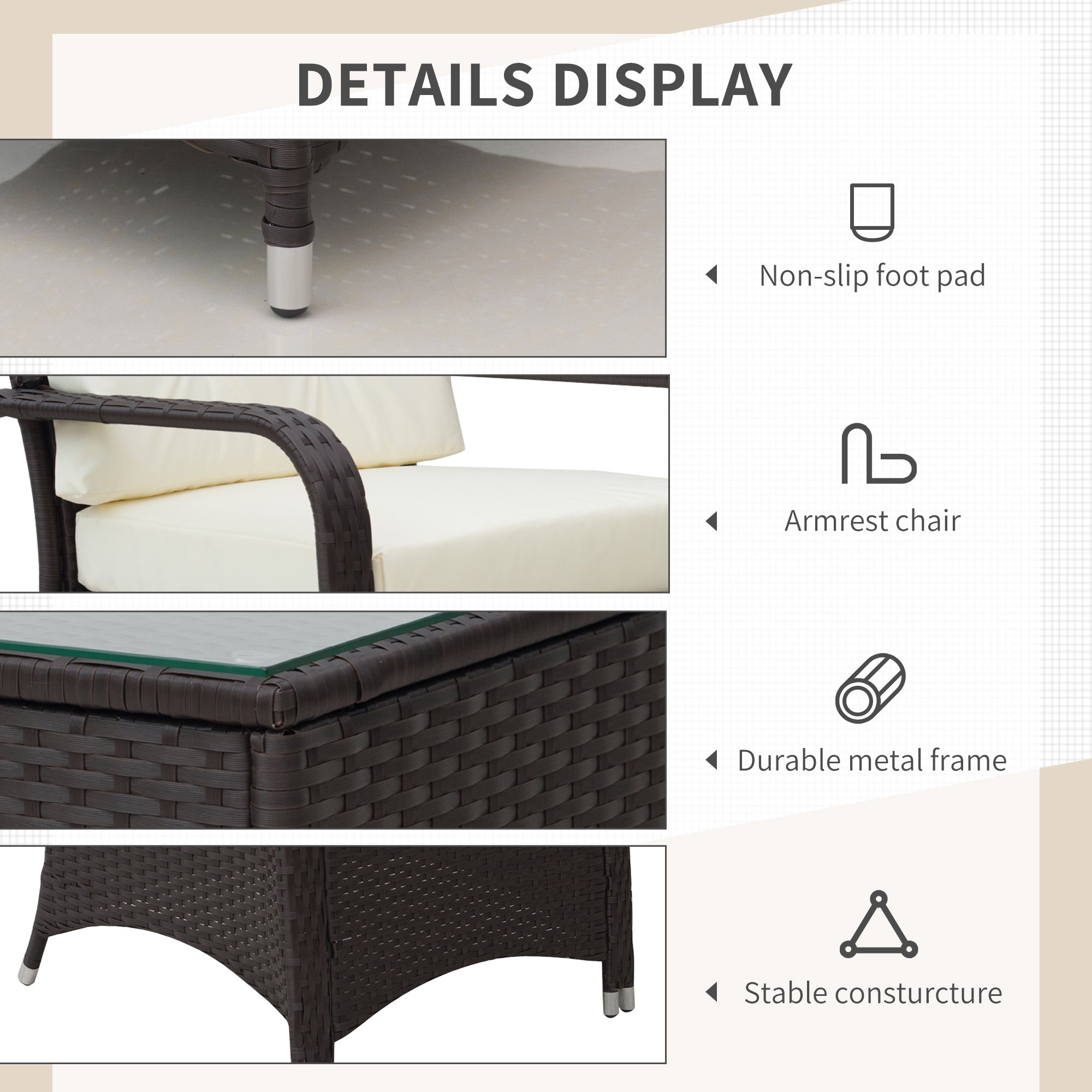 3 Pieces Rattan Bistro Set, Wicker, Glass Coffee Table & 2 Cushioned Chairs, Cream White