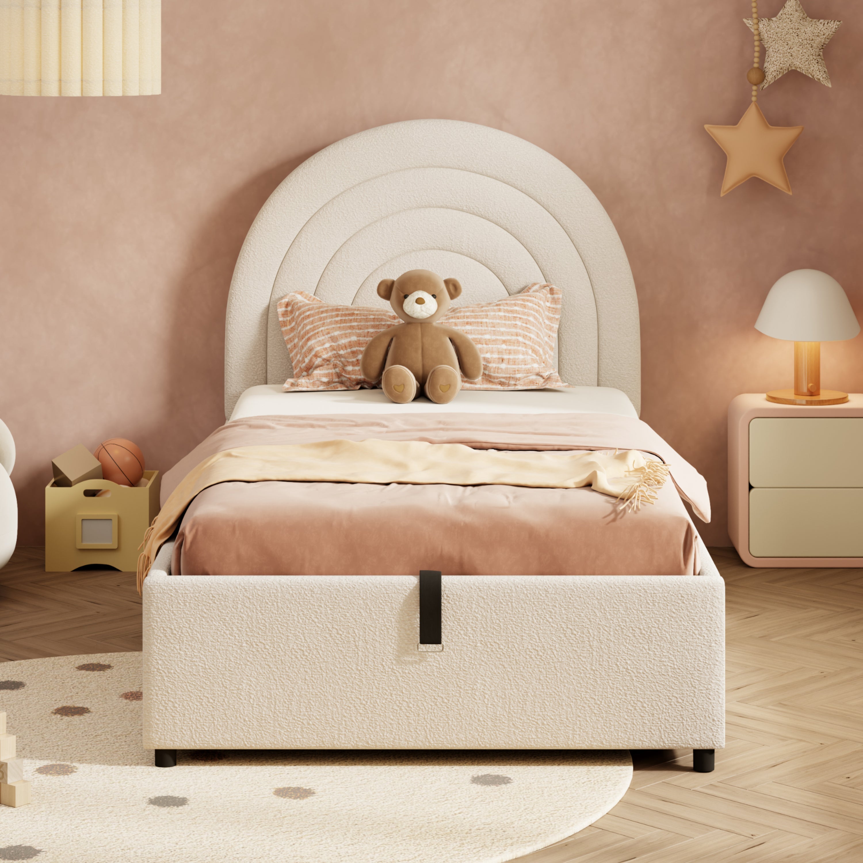 Upholstered Single Bed with Slatted Frame and Headboard, Boucle Beige