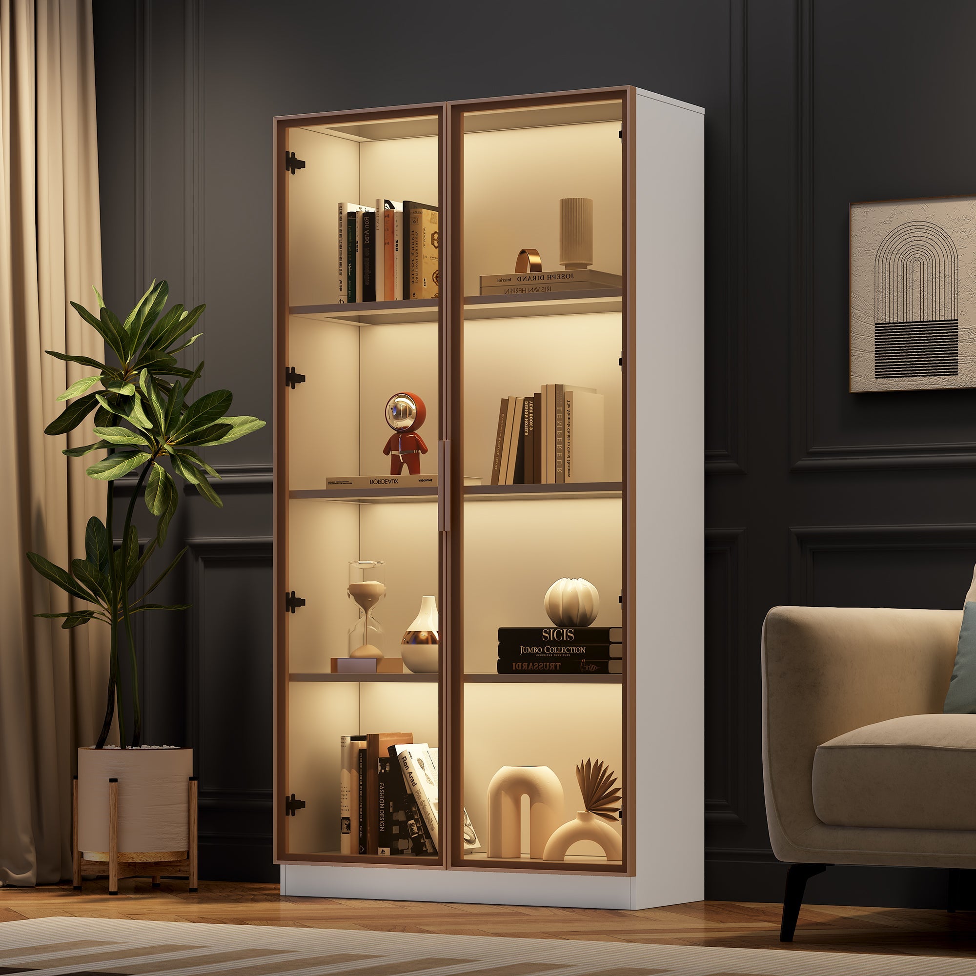 Glass Display Cabinet, 16-Color LED Lighting, Movable Shelves, 80x40x160cm, Freestanding, Glass
