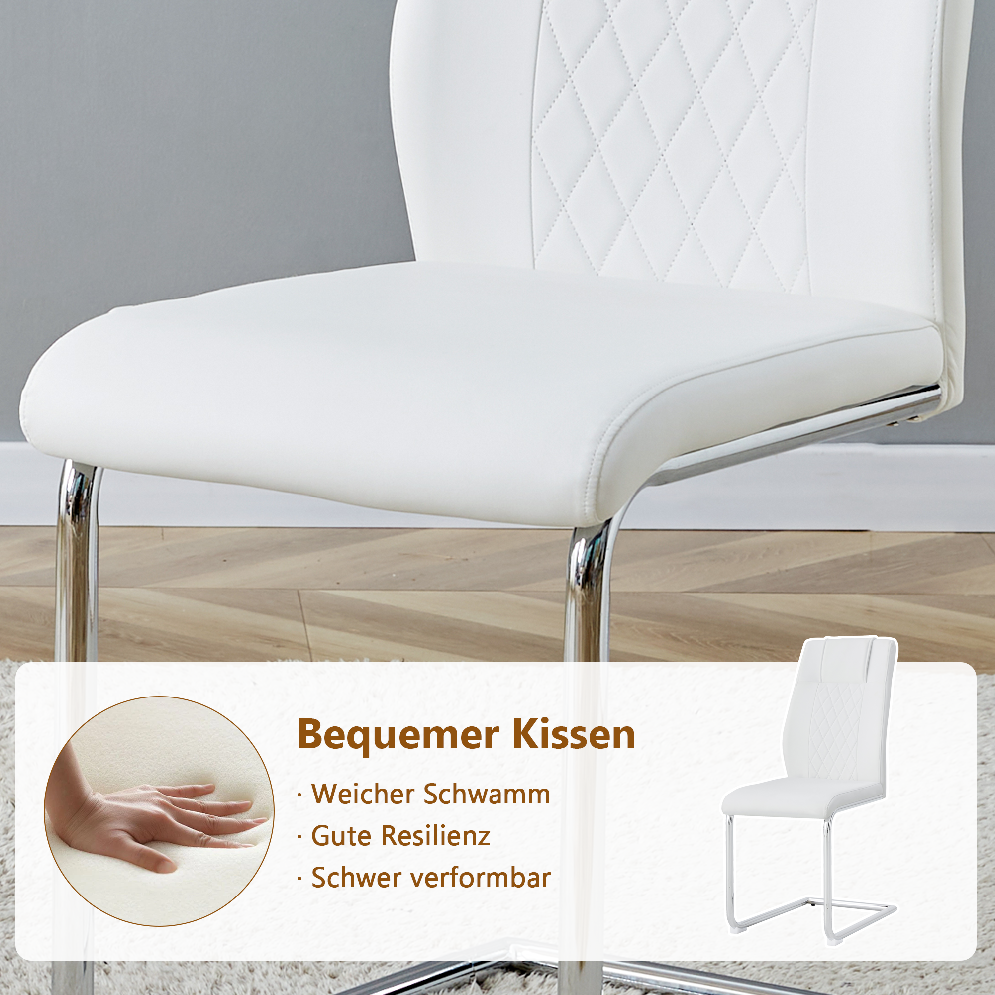 Dining Set - Minimalist Glass Table 85cm with 4 Chairs Metal Legs - White PU