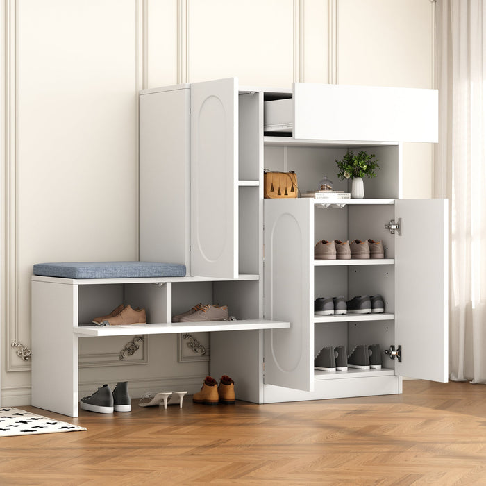 Trendy 2-in-1 Shoe Cabinet with Curved Doors, Soft-Close, Adjustable Compartments, Upholstered Bench, White