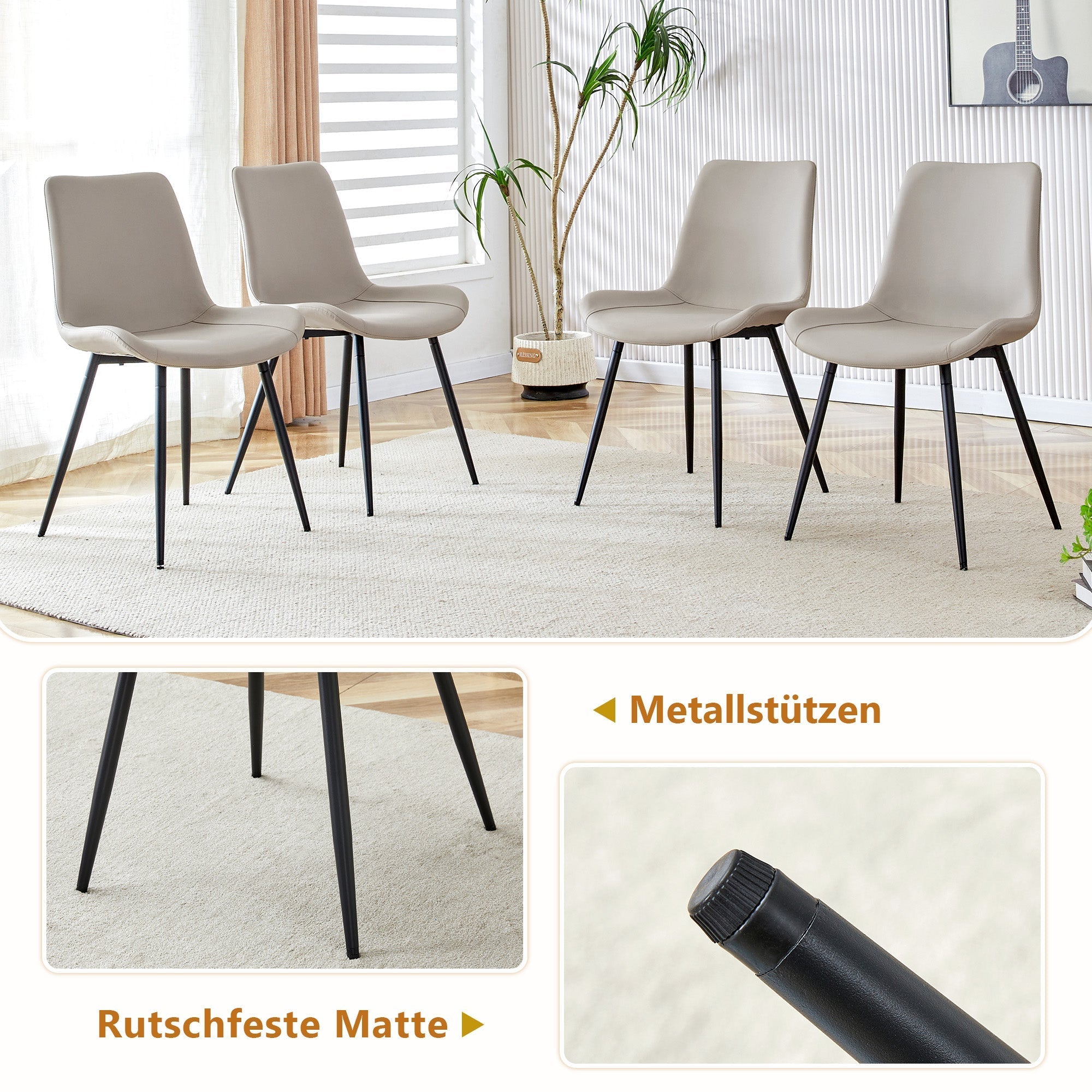 Dining Set 160cm Rectangular Storage 4 PU Chairs - Warm Grey