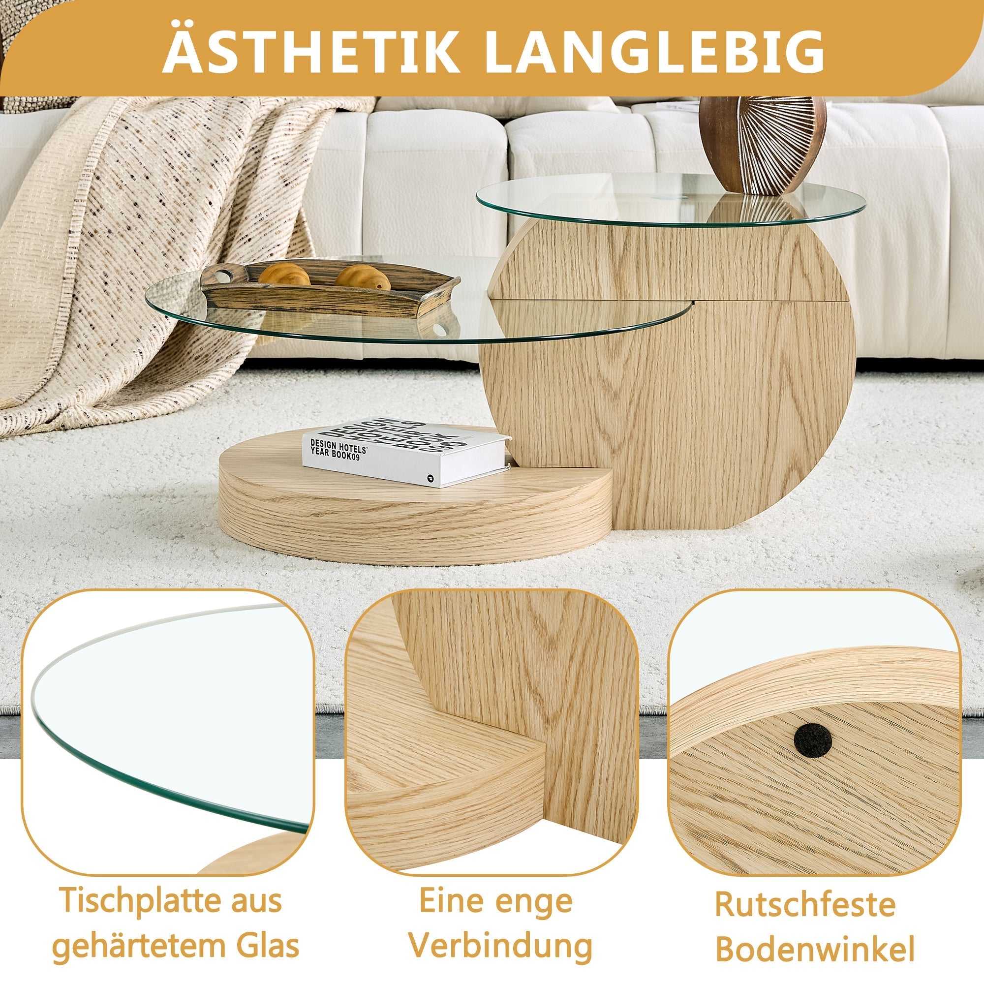 Modern Minimalist Two-Tiered Coffee Table with Safety Glass and Multi-Layered Design, Light Wood Grain MDF