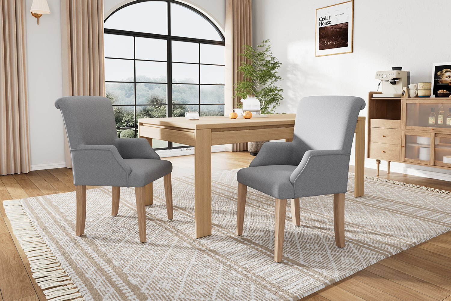 DyFun Dining Chairs Set of 2 with Armrests and Solid Wood Legs, Gray Linen